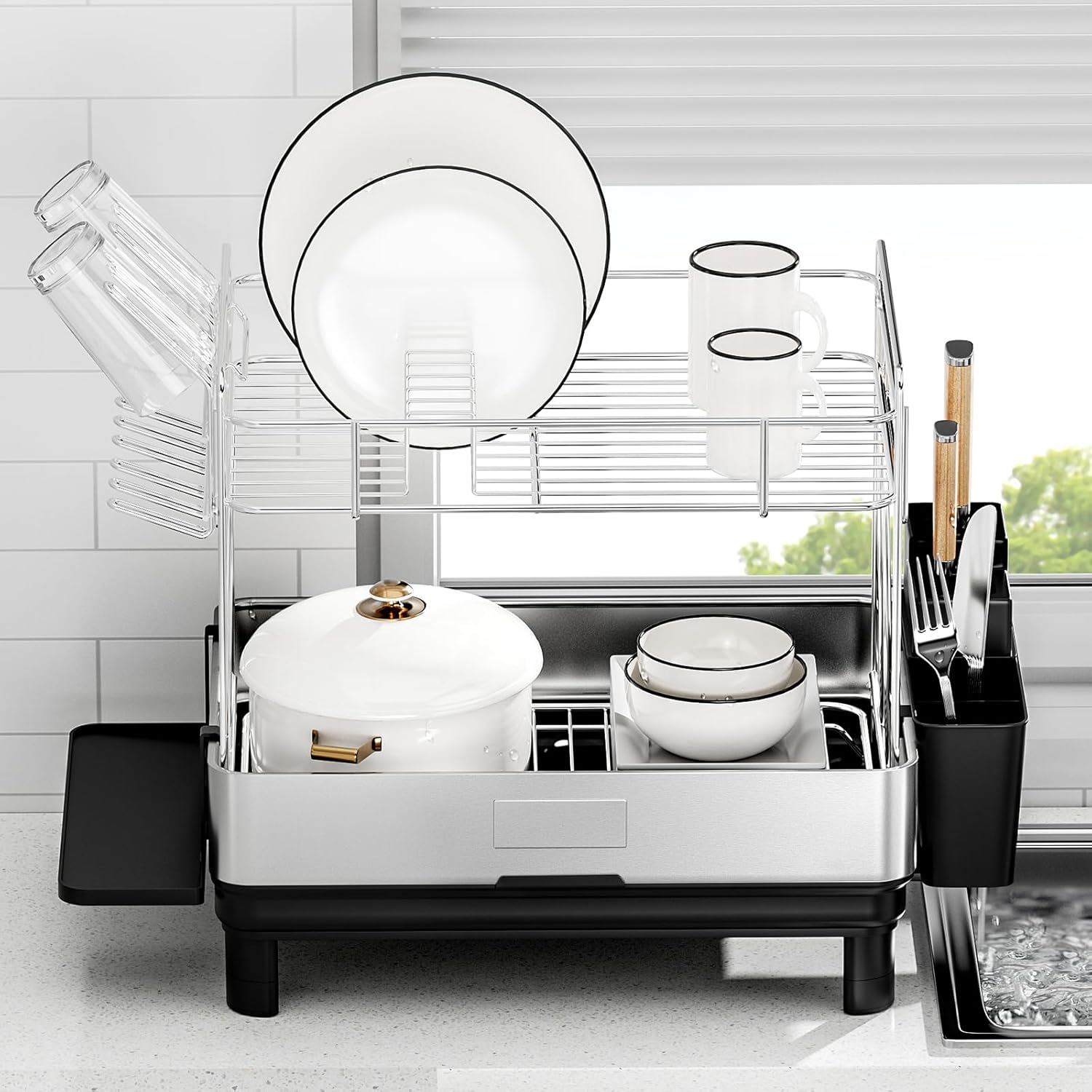 Large Dish Drying Rack, 2 Tier Stainless Steel Dish Rack for Kitchen Counter, Dish Drainer with with 360°Rotatable Drain Spout, Utensil Holder & Cups Holder, Multifunctional Kitchen Organizer