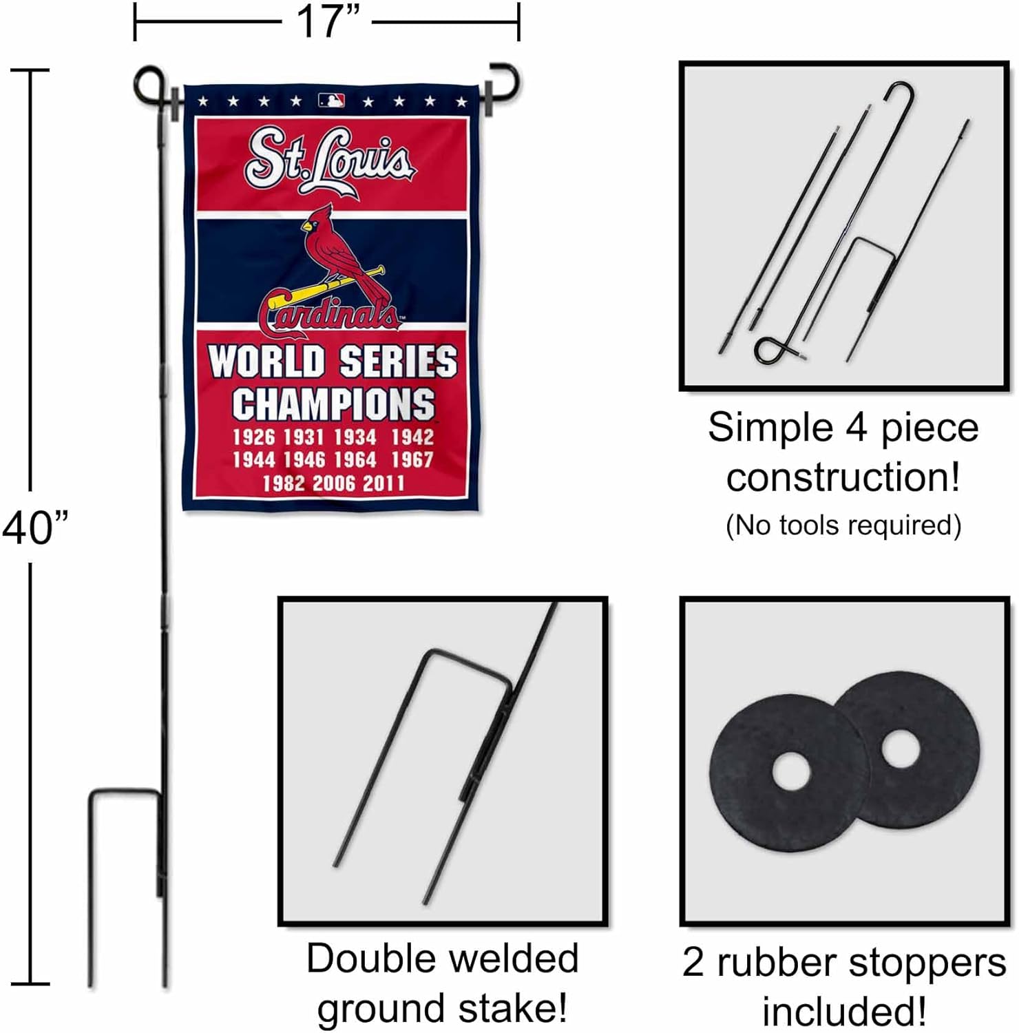 St. Louis Cardinals 11 Time Champions Garden Flag and Pole Stand Mount - Image 3