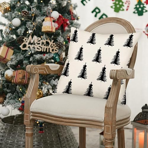 Miniatura 2 de MEHOTOP Fundas de almohada blancas de Navidad de 16 x 16 pulgadas, almohadas negras con estampado de árbol de Navidad para decoración del hogar de