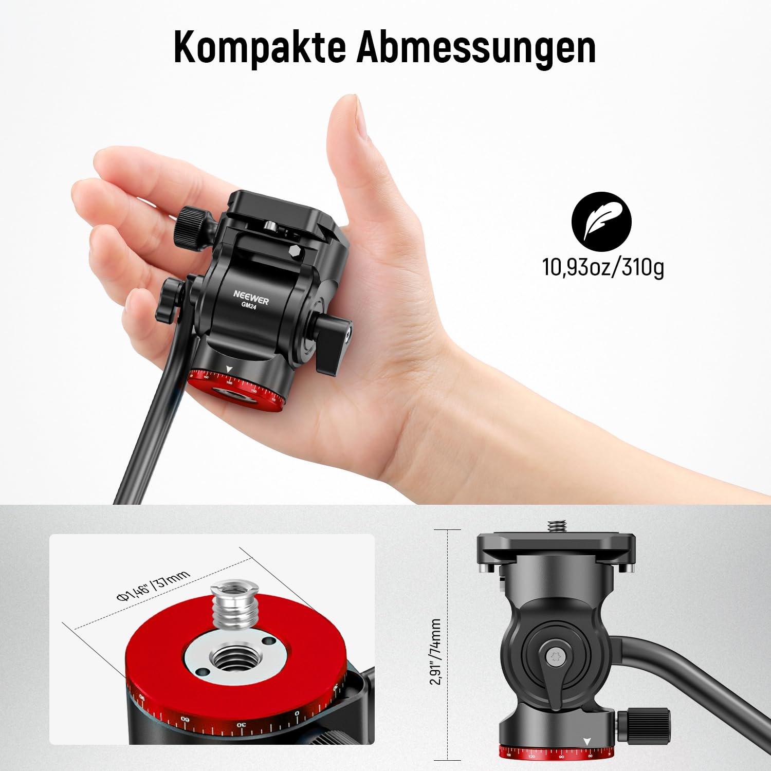 NEEWER Stativ Fluidkopf Pan Tilt Head mit Schnellwechselplatte und Griff, Metall Kamera Stativkopf kompatibel mit Arca Swiss für kompakt Videokameras DSLR Kameras, Belastbar bis zu 3kg,GM24(Rot)