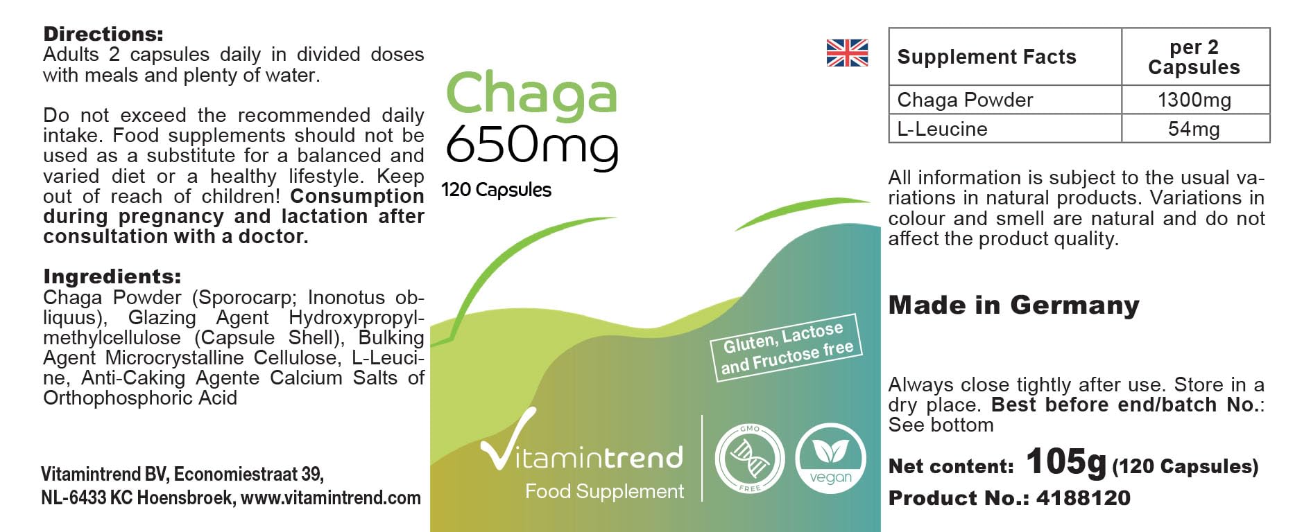 Vitamintrend Poudre de chaga 650 mg, 120 gélules, complément alimentaire végan sans stéarate de magnésium, fabriqué en Allemagne
