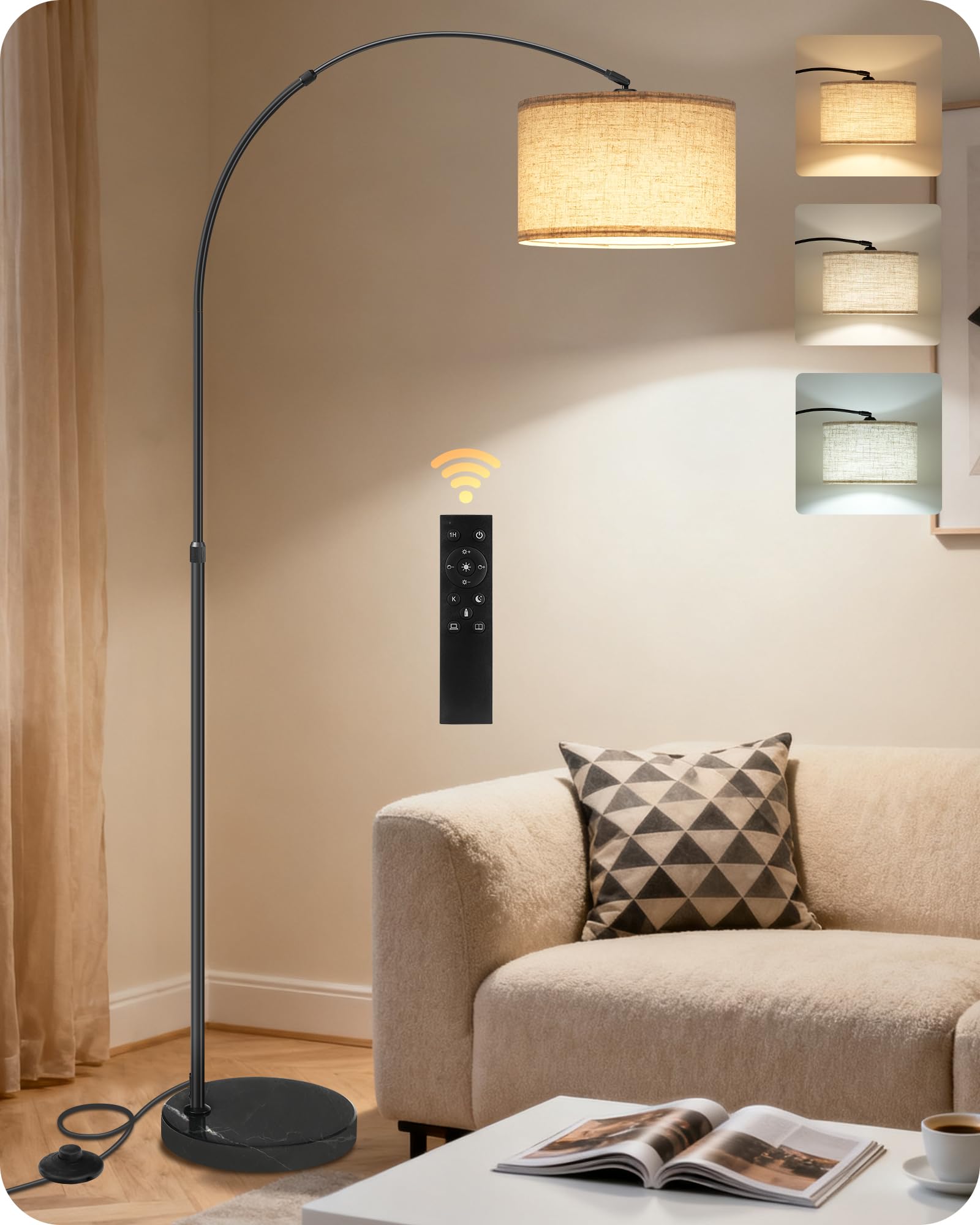 75 Arc Floor Lamp with Marble Base and Adjustable Height Rotating Hanging Shade Dimmable Floor Lamp for Living