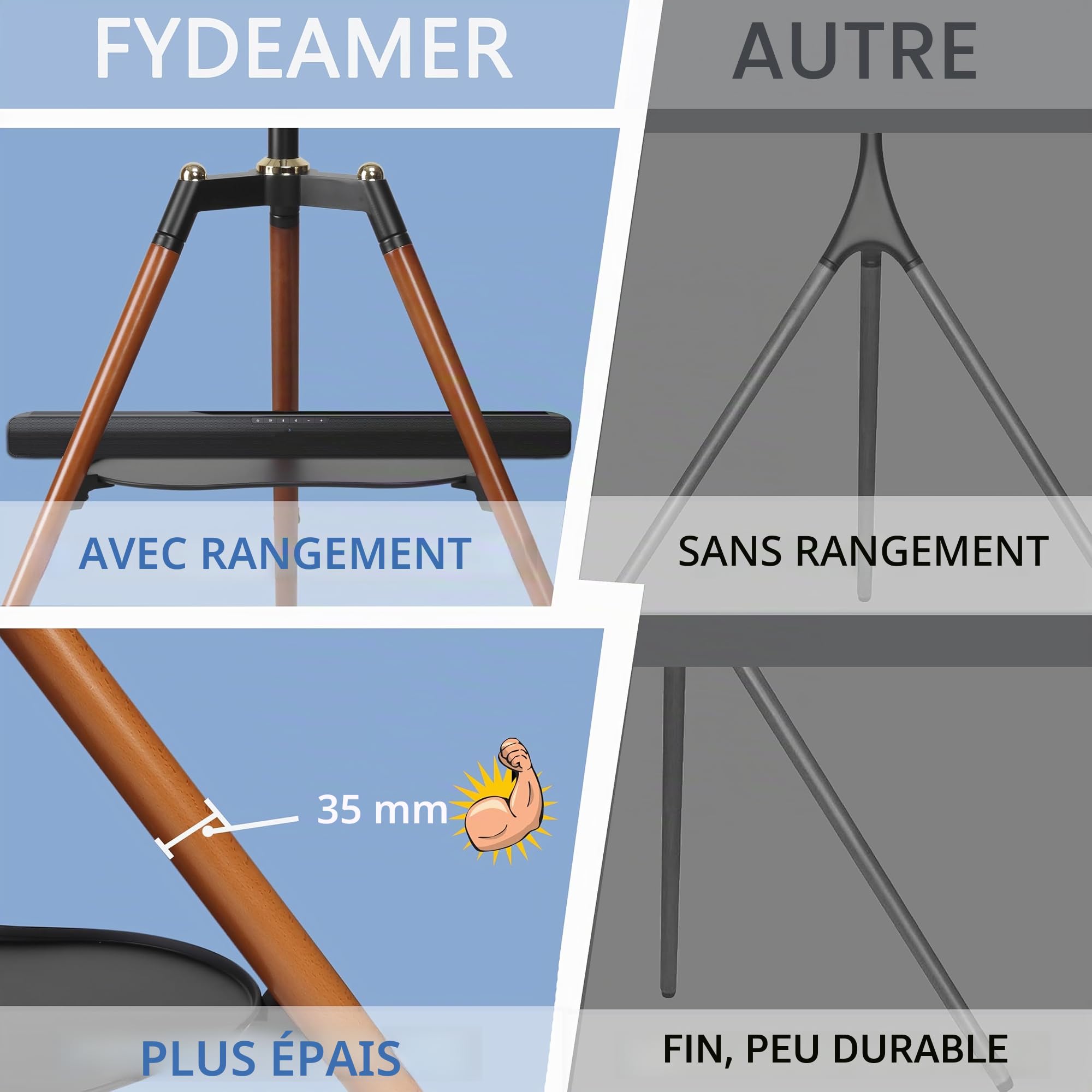 ETHU Support TV Trépied Bois 32-65" jusqu'à 40kg, Pied TV Design Scandinave Pivotant ±70° Hauteur Réglable, Support TV Chevalet Bois Marron avec Étagère Cœur, sans Percer
