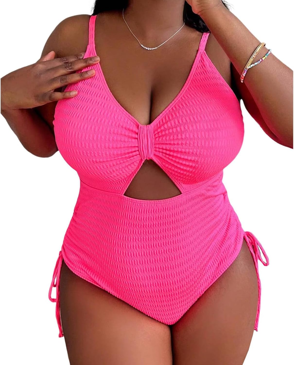 Sexybody Women' s Plus Size Bikini High Waisted One Piece Swimsuits Ribbed Tummy Control Cutout Bathing Suits Ruched V Neck