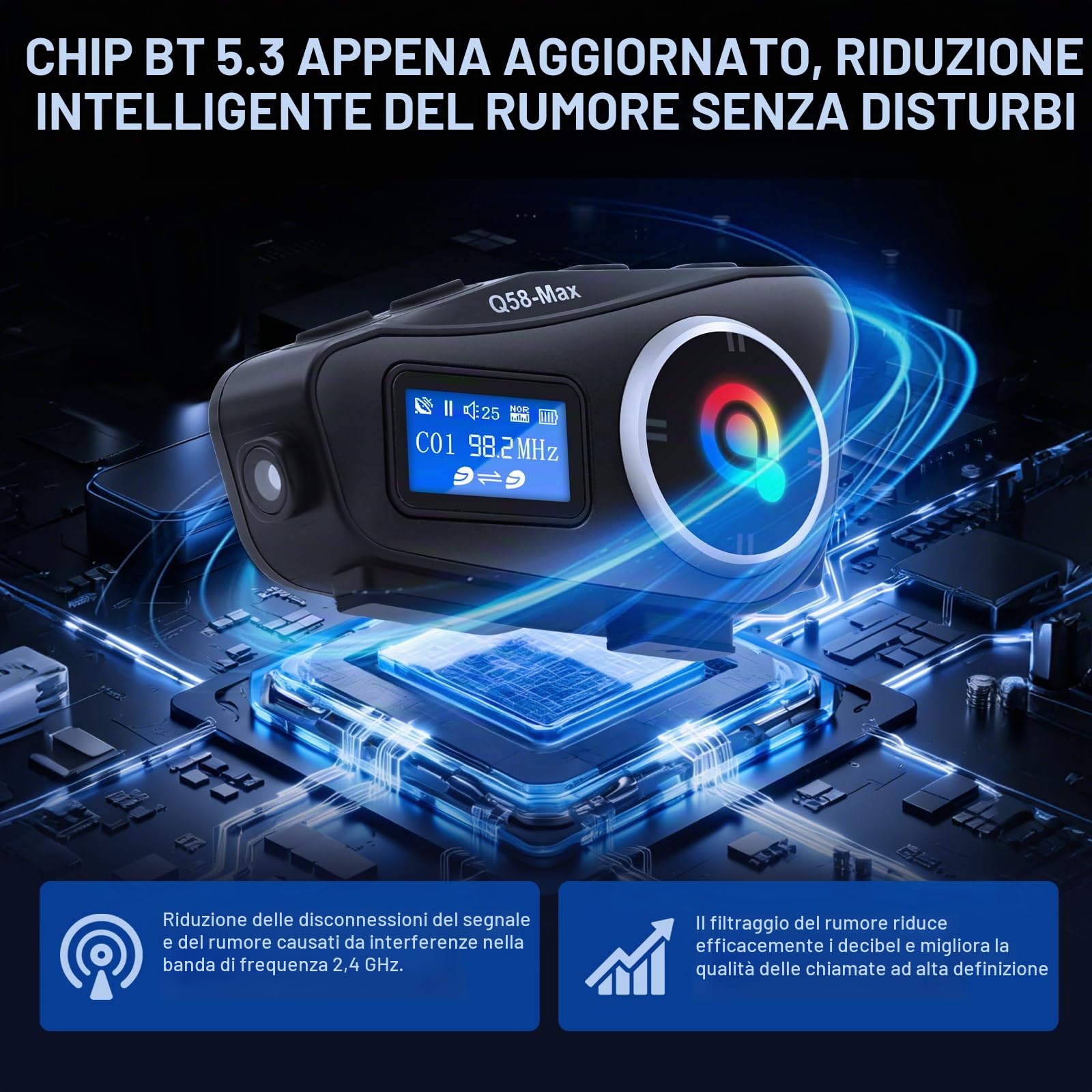 Intercom per casco da moto, 1000 m, con collegamento BT5.3 | Cancellazione del rumore, vivavoce, impermeabile IP65, indicatore di livello della batteria per tutti i caschi da moto