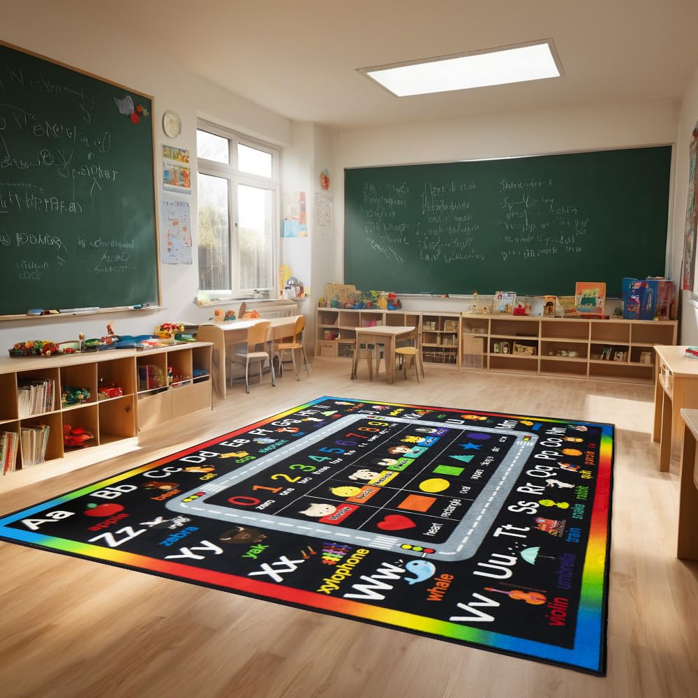 AlaTyche Classroom Rugs for Preschool, Daycare Rug for Classroom,Large Classroom Rug Elementary,Learning Alphabet Educational Rugs for Kids Playroom, Nursery(6'7''x8'7'', Black)