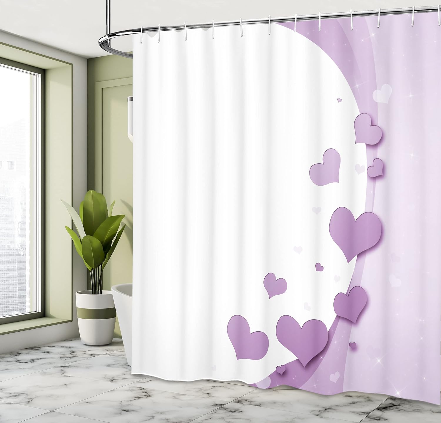 Ambesonne Love Shower Curtain, Valentines Day Romance Art with Hearts Stars Wedding Happiness Theme, Cloth Fabric Bathroom Decor Set with Hooks, 69" W x 70" L, Pastel Purple