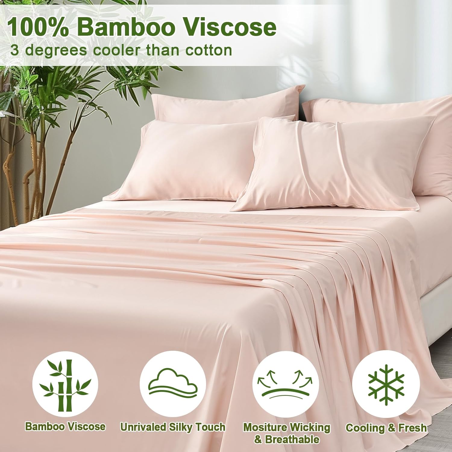 PHF 6PCS 100% Rayon Derived from Bamboo_ Sheets Set King Size, Cooling Sheets for Hot Sleepers, Wider Elastic Band & 16" Deep Pocket,Luxury Silky Soft Breathable Bedding Set & Pillowcase, Peach Blush - Image 2