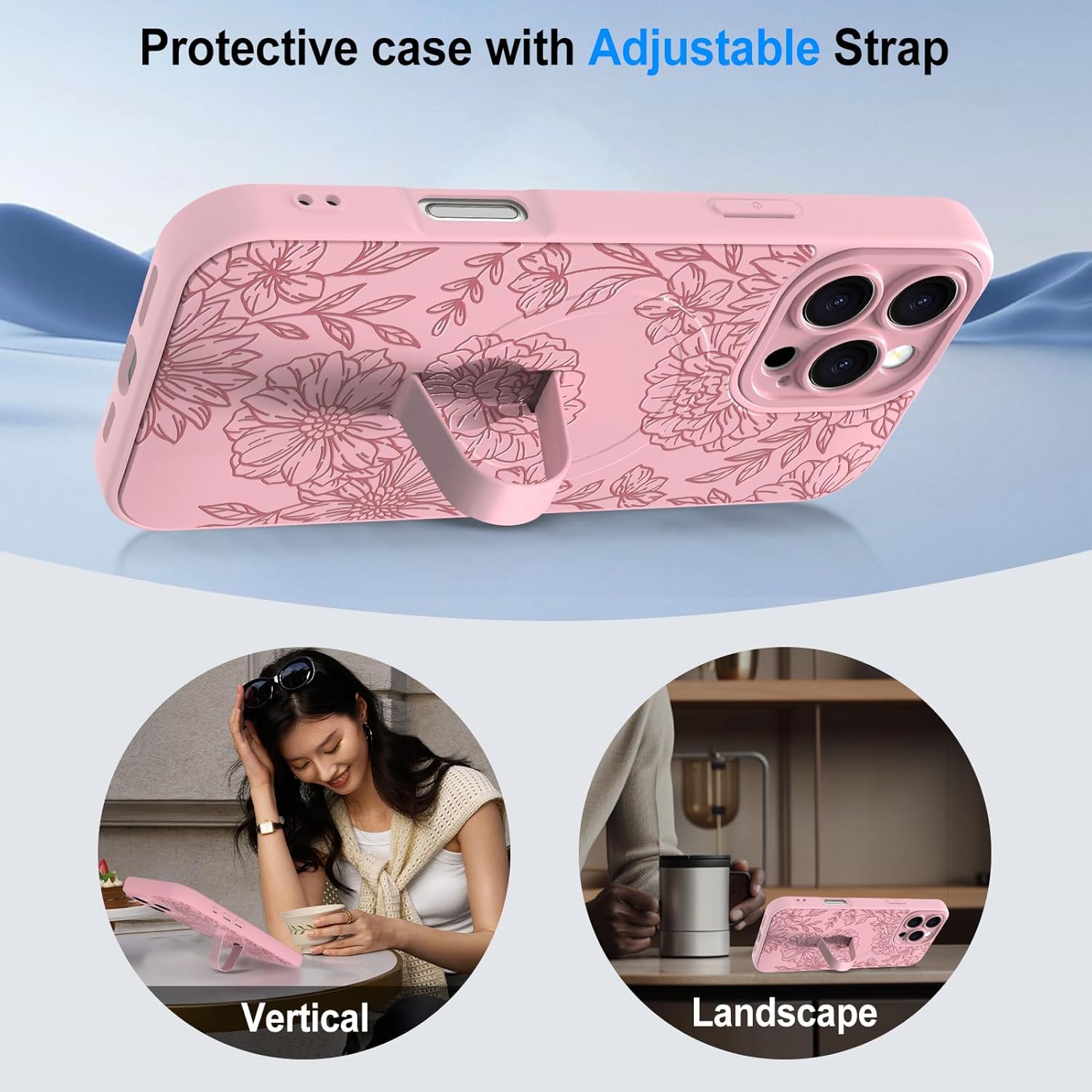 Designed for iPhone 16 Pro Max Pink Line Peony Floral Pattern Case [Compatible with Magsafe] with Finger Strap Kickstand Shockproof Anti Drop Camera Protective for Girls Women