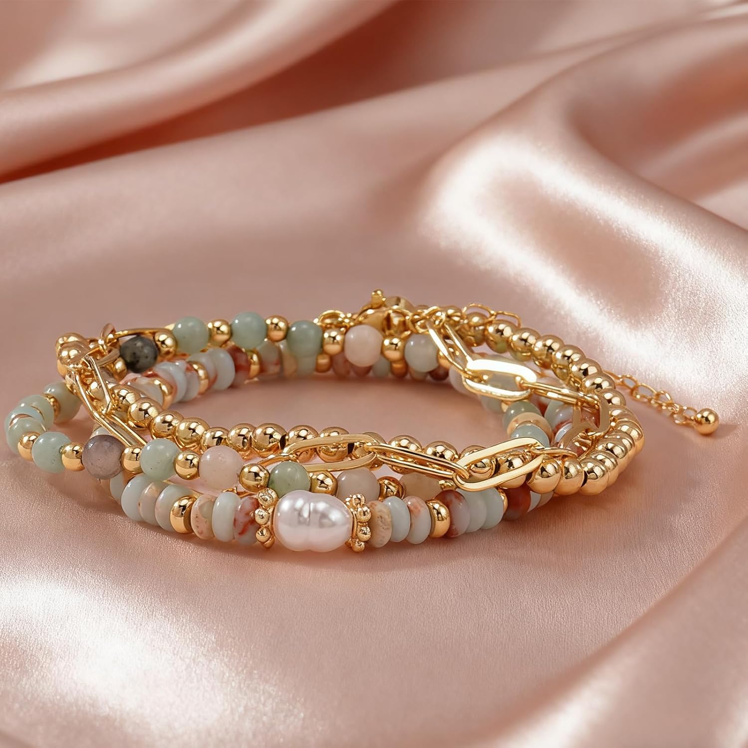 Gold Crystal Pearl Beaded Bracelet Stack for Women,4PCS Bohemian Paperclip Link Chain Stackable Bracelets Set Fashion Accessories Outfit Jewelry Gift - Image 6