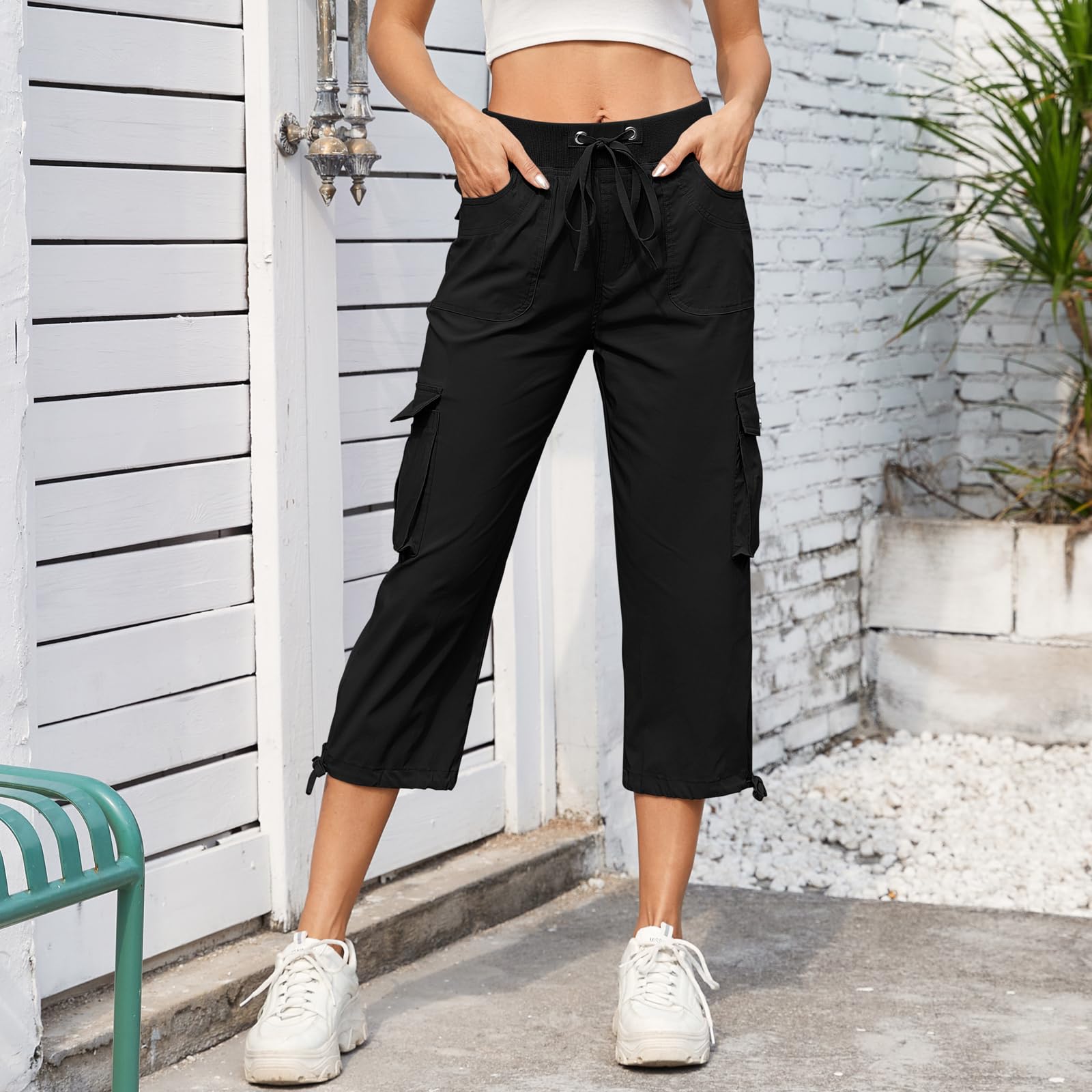 Hormtaer Hose Damen 3/4 Sommer Casual Cargohose Caprihose Jogginghose Comfy Stretch Leichte Outdoor Sport Reise Wanderhose Mit 6 Taschen