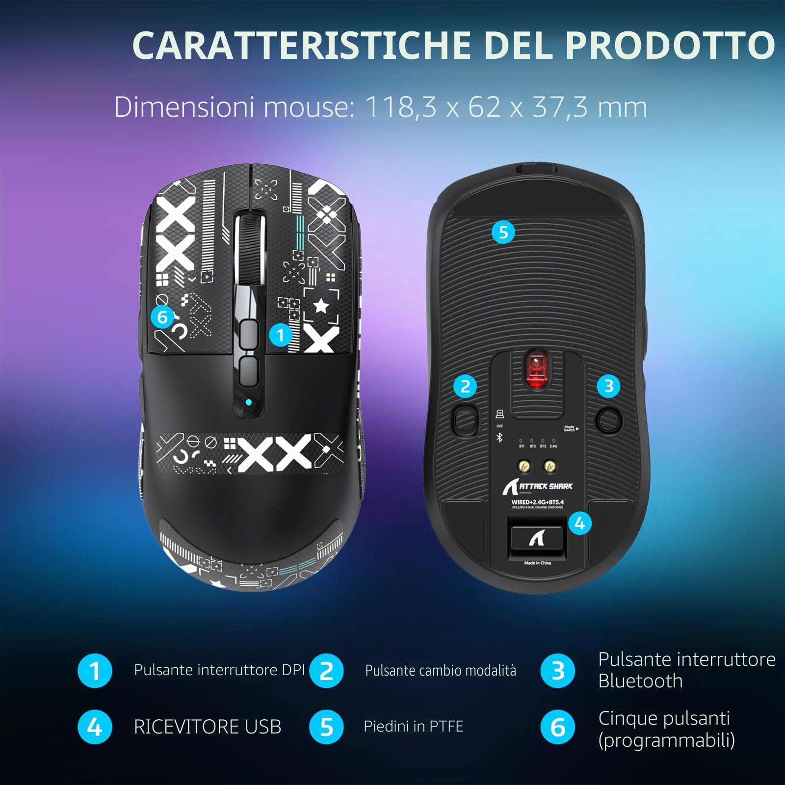 VGN GAMEPOWER ATTACK SHARK X6 SUPERLIGHT Mouse Gaming Wireless con Station di Carica, 49g Ultraleggero Mouse da Gioco G502, 26000DPI, PixArt PAW3395, 2.4G/Bluetooth/Cablato, Mouse Grip Tape, Nero