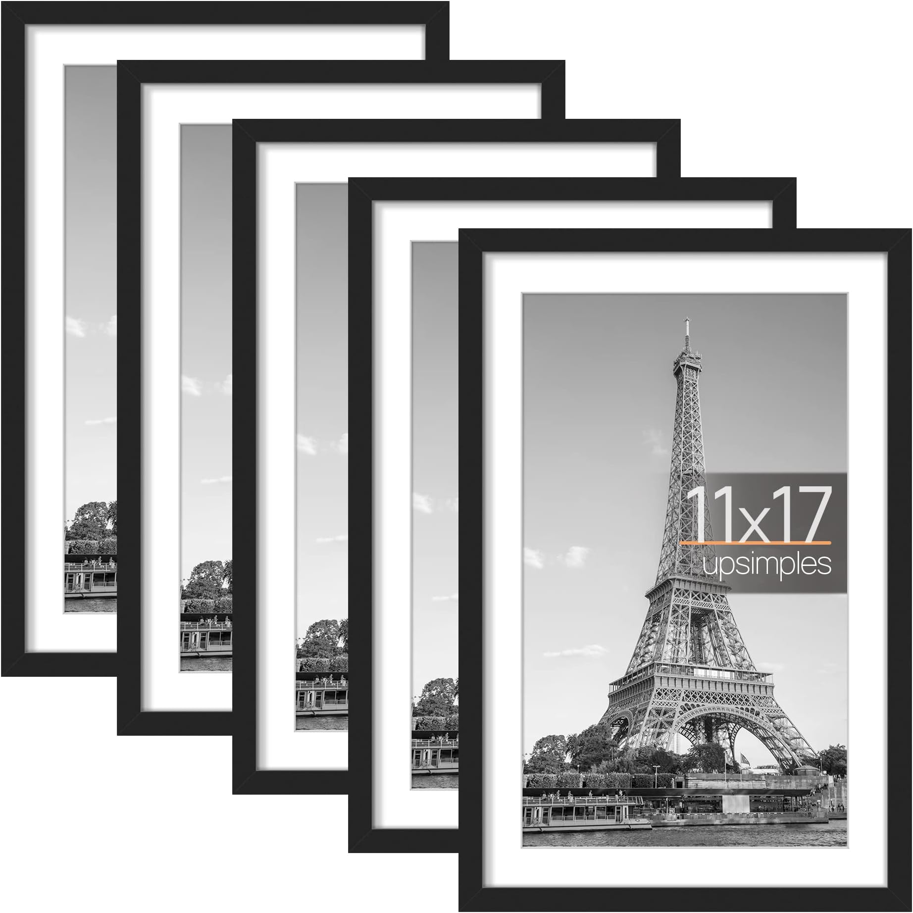 upsimples 11x17 Picture Frame Set of 5, Display Pictures 9x15 with Mat or 11x17 Without Mat, Wall Gallery Photo Frames, Black