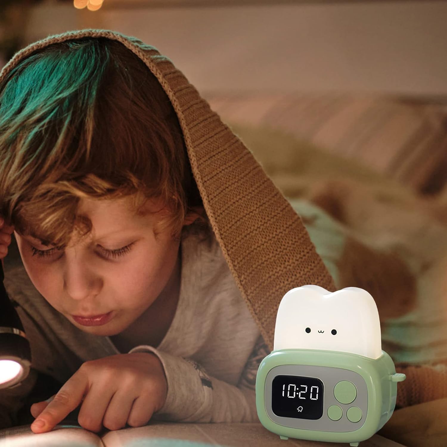 Einzigartig Multifunktions-Nachtlicht, niedlicher Kinderwecker, Nachttischlampe, wiederaufladbar, Smiley-Gesicht, Toast, Nachttischlampe Nachtlicht