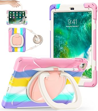 BATYUE Case for iPad 6th/ 5th Generation/Air 2 & iPad Pro 9.7" Shockproof Protective Rugged Cover with Pencil Holder, 360 Rotating Kickstand & Shoulder Strap,for Boys & Girls Rainbow