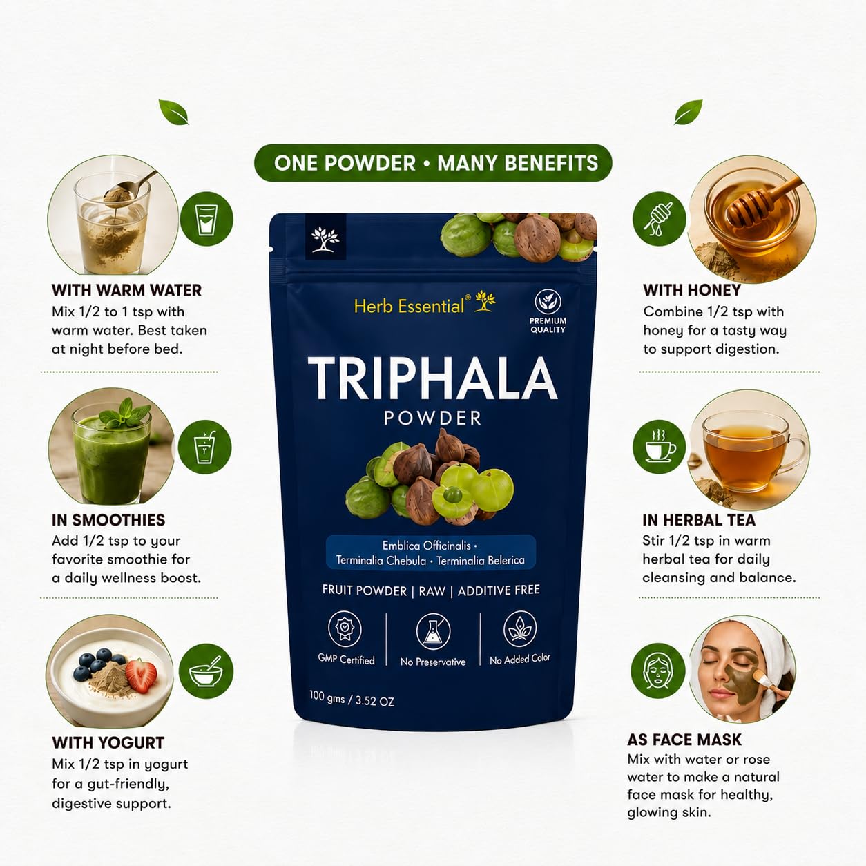Herb Essential Triphala Powder 100g | Ayurvedic Triphala Churna Herbal Supplement | Supports Digestion, Healthy Gut, Constipation, Acidity & Bloating | Pure Organic Herbal Powder 2