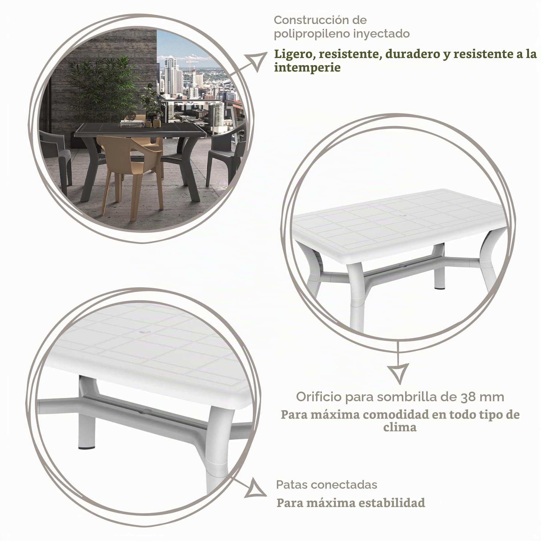 RESOL Tulipán Mesa Jardín Exterior 140x90 hasta 4/6 Personas con Agujero de Sombrilla y Protección UV | Mesa de Comedor Exterior en Patio, Terraza o Porche | Fácil Mantenimiento - Blanca