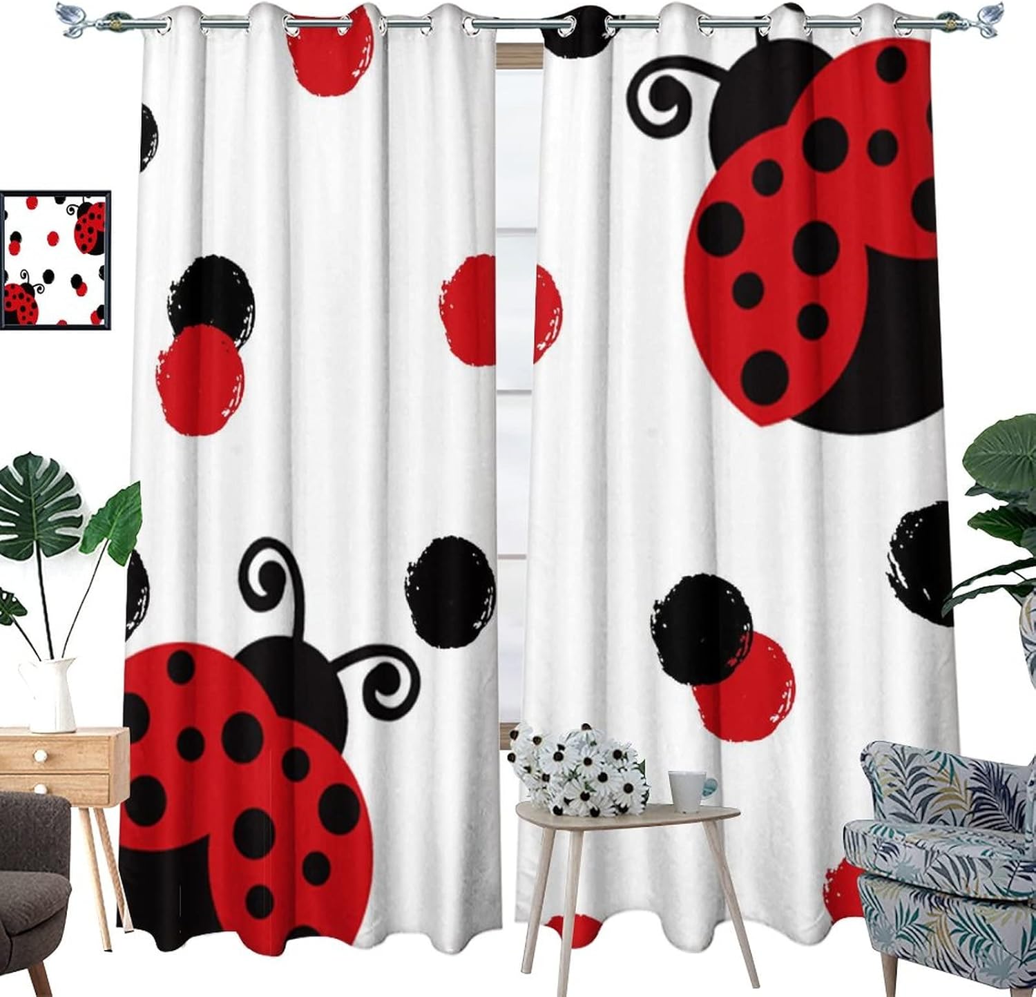 Cute Red Ladybug Blackout Curtains - Watercolor Cartoon Girl Room Decor Red&Black Dot Design Grommet Window Treatment Set Energy Saving Thermal Insulated Drapes for Living Room,2 Panels 45L x 21W