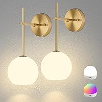 KeepShinning Gold Battery Wall Sconces Set of 2: Rechargeable Wireless RGB Dimmable Lights, Frosted Glass Remote Control for Bedroom Hallway