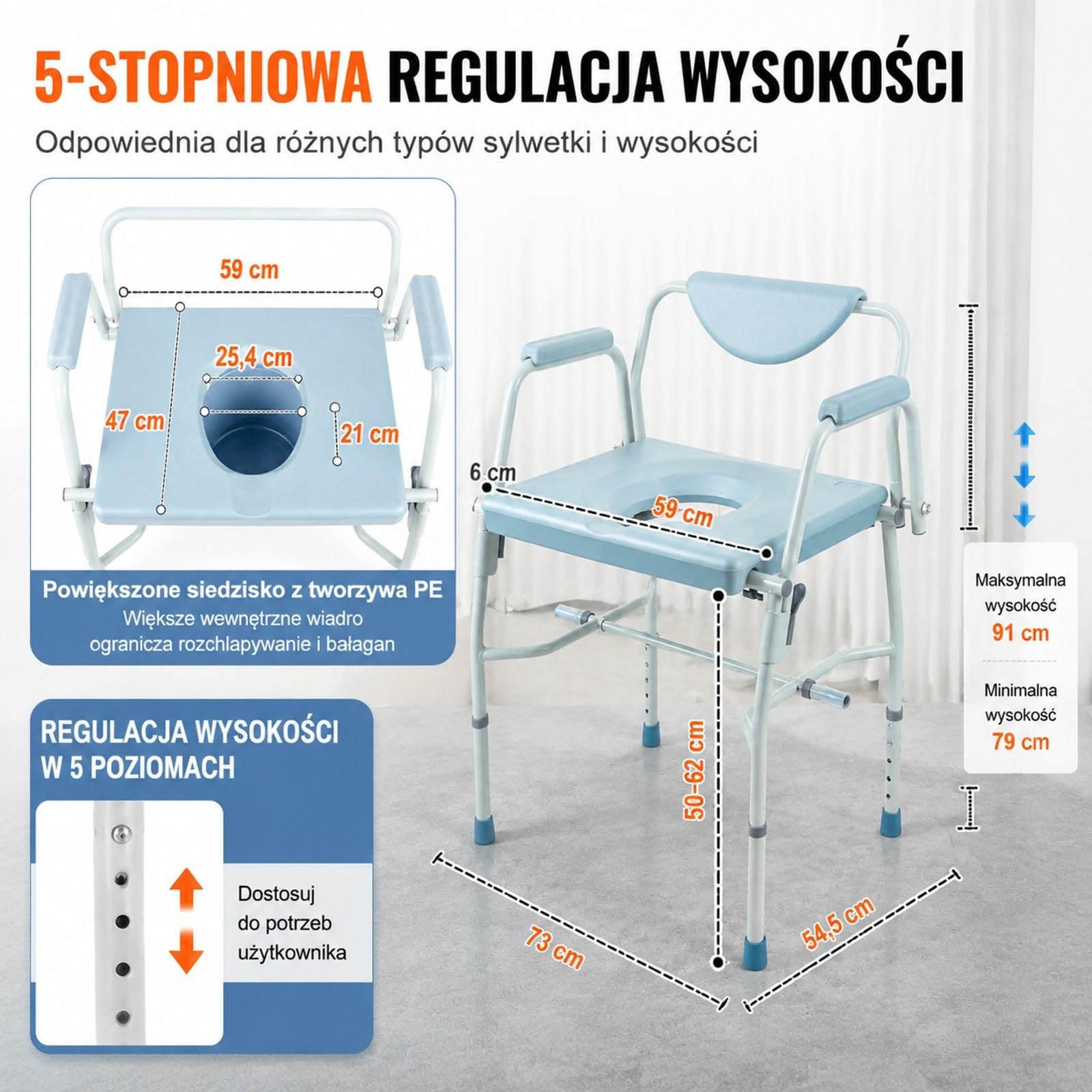 Krzesło toaletowe, stolik nocny ze składanymi podłokietnikami i zdejmowanym oparciem, 5-stopniowa regulacja wysokości 50-62 cm, zdejmowany pojemnik o pojemności 7 litrów, łatwy montaż, udźwig 453