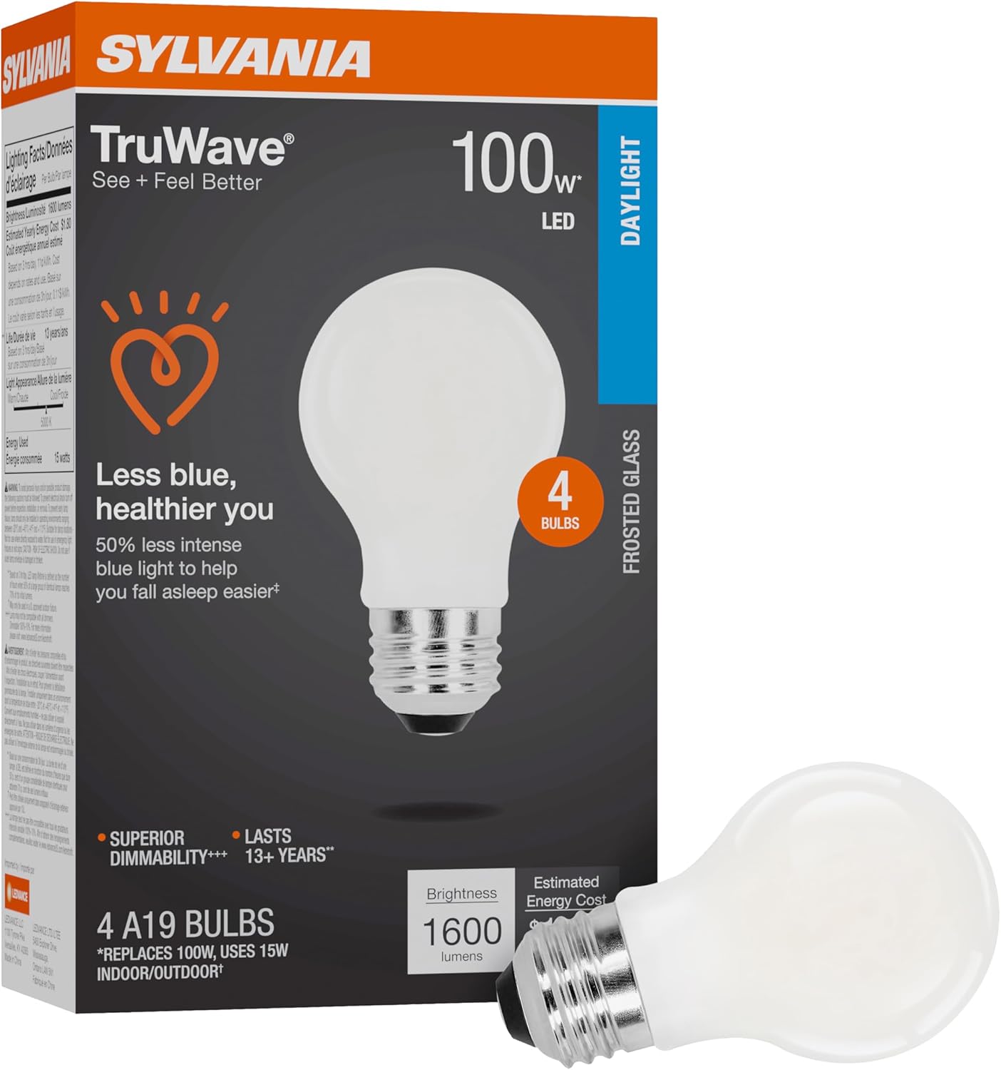 Sylvania LED TruWave Natural Series A19 Light Bulb, 100W Equivalent, Efficient 15W, 1600 Lumens, Medium Base, Dimmable, Frosted Finish, 2700K, Soft White (42308) 6 Count (Pack of 1)
