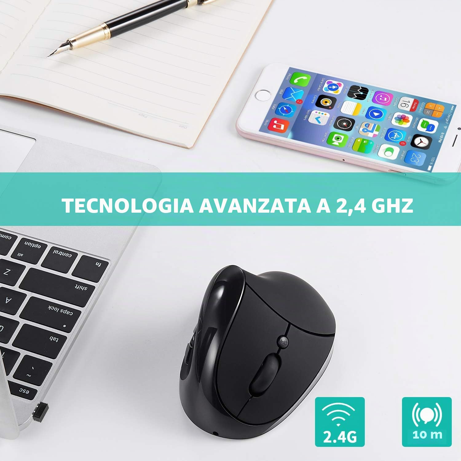 AURTEC Mouse Sinistro, Mouse Verticale Ergonomico Wireless Ricaricabile 2.4G con Ricevitore USB, 6 Pulsanti e 3 DPI Regolabile 800/1200/1600 per la Mano Sinistra, Nero