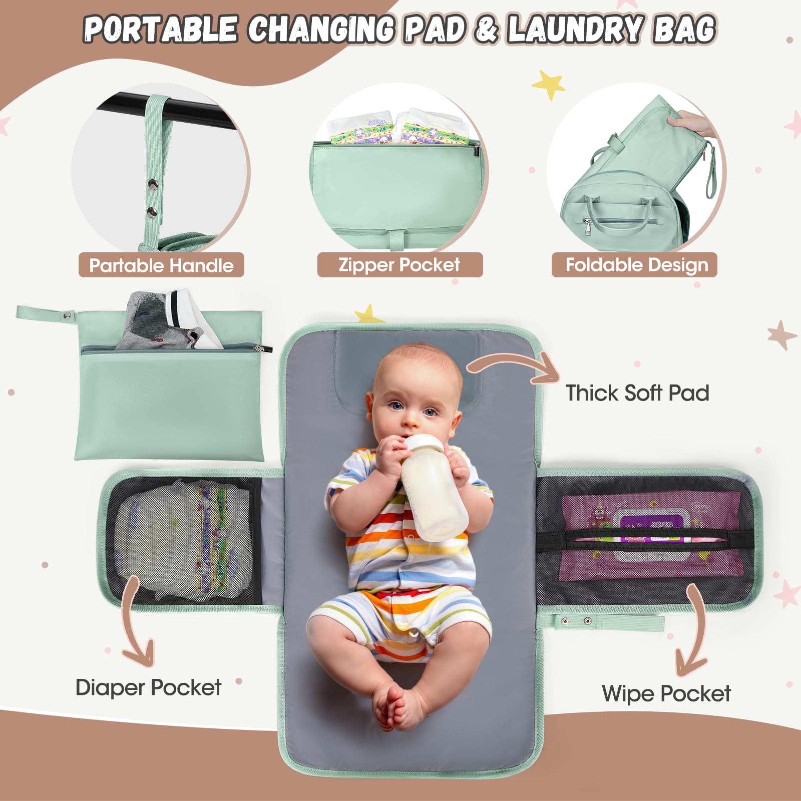 RAINSMORE Zaino Mamma Multifunzione Zaino Fasciatoio Grande Capacità Borsa Neonato con Fasciatoio Portatile Zaino Passeggino per Mamma e Papà Verde