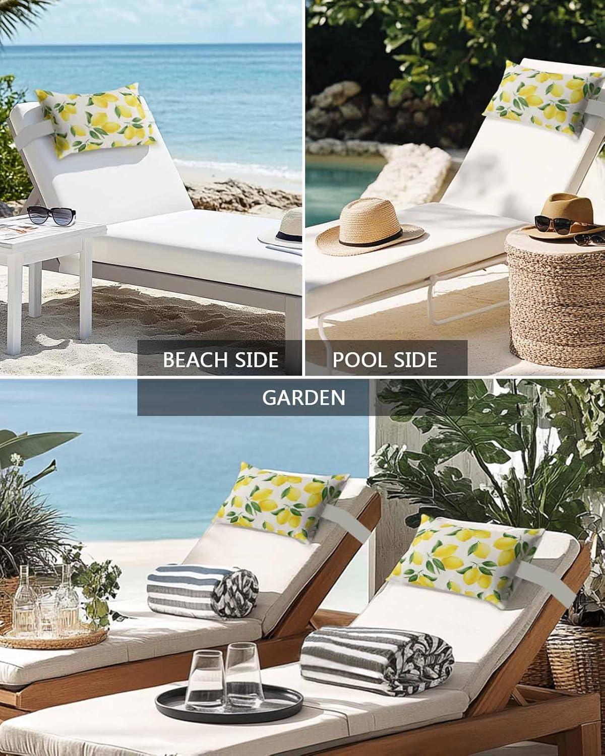 PIEPLE Summer Lemon Outdoor Beach Chair Pillow Headrest for Chaise Lounge Chair, Watercolor Tropical Leaves Fruit Farmhouse Recliner Head Pillow with Inserts & Elastic Stripes 11x16(2 PCS)