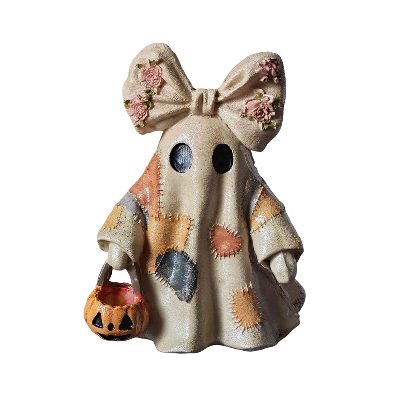 Pasisuu Halloween Ghost Ornament – Glowing Patchwork Decor with Lantern, Lighted Farmhouse Figurine for Mantel Shelf Display Without Light