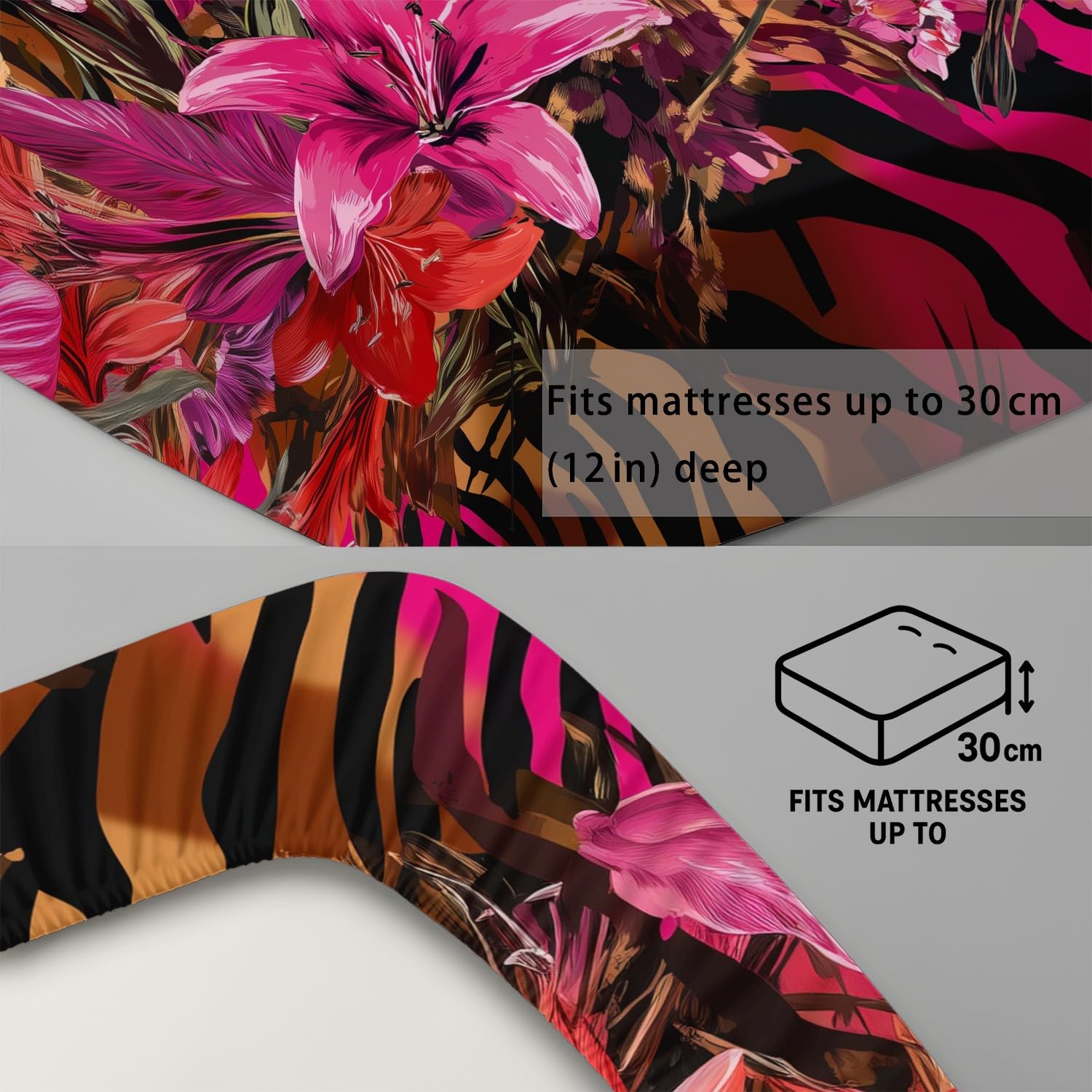 Juego de sábanas bajeras tamaño king con estampado de plantas y animales, 30 cm de profundidad, diseño de flores silvestres, microfibra cepillada suave, resistente a la decoloración, transpirable, 150