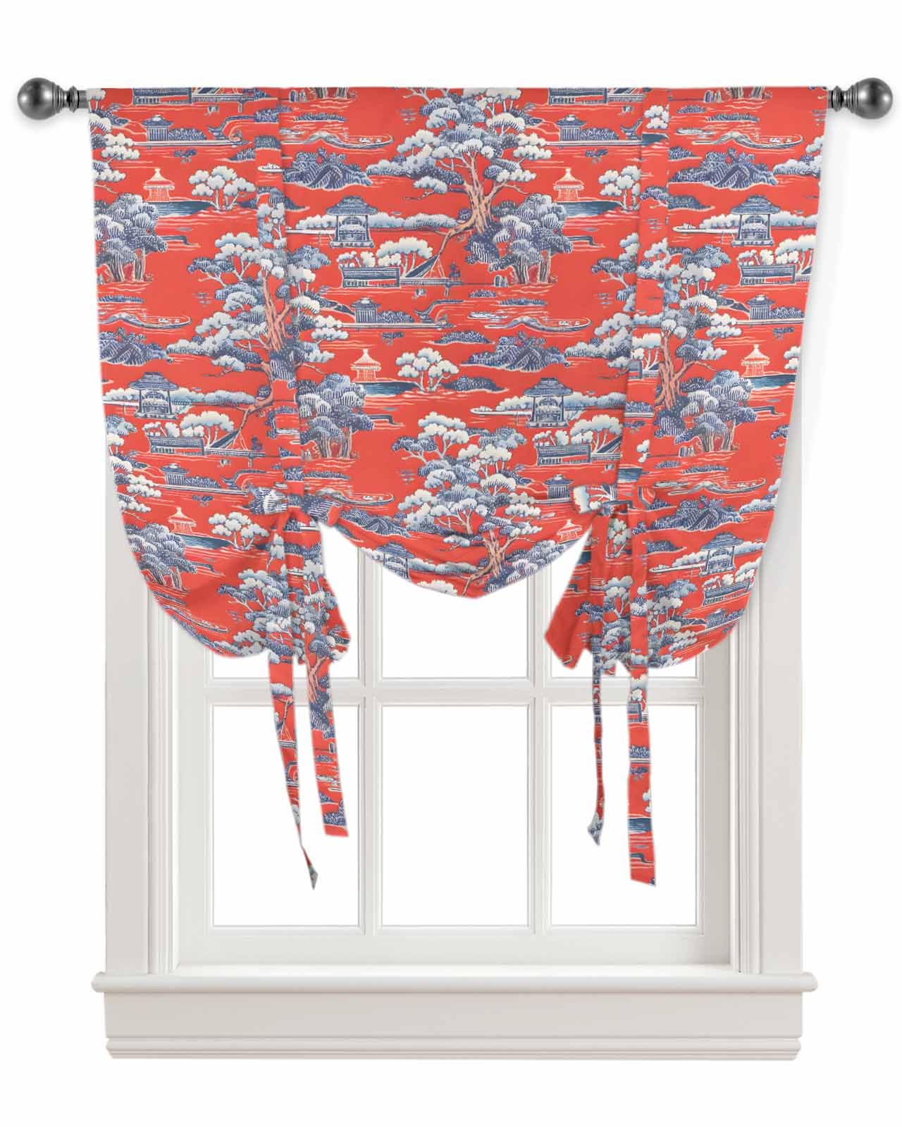 Tie Up Curtains for Windows Vintage Red Chinoiserie Garden Rod Pocket Tie-Up Window Shade Adjustable Balloon Curtain Valance Retro Forest Landscape for Bedroom Kitchen Bathroom Blinds,34x45in