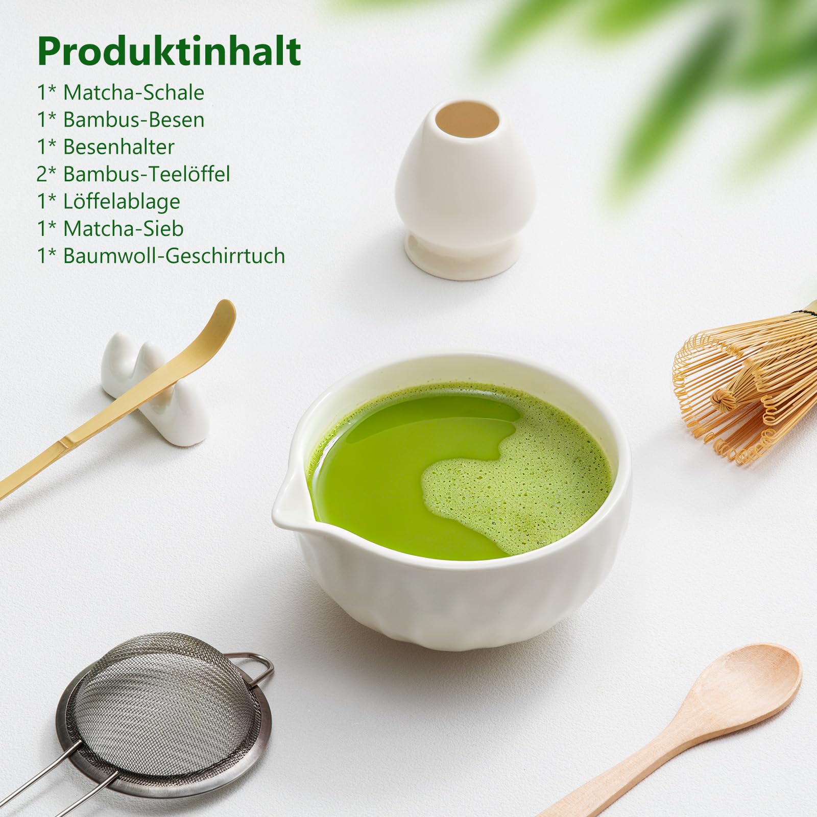 Matcha Kit 8 Piezas – Set para la Ceremonia Japonesa del Té con Cuenco con Pico, Batidor de Bambú (Chasen), Soporte, Chashaku y Tamiz – Regalo para Amantes del Matcha, Beige