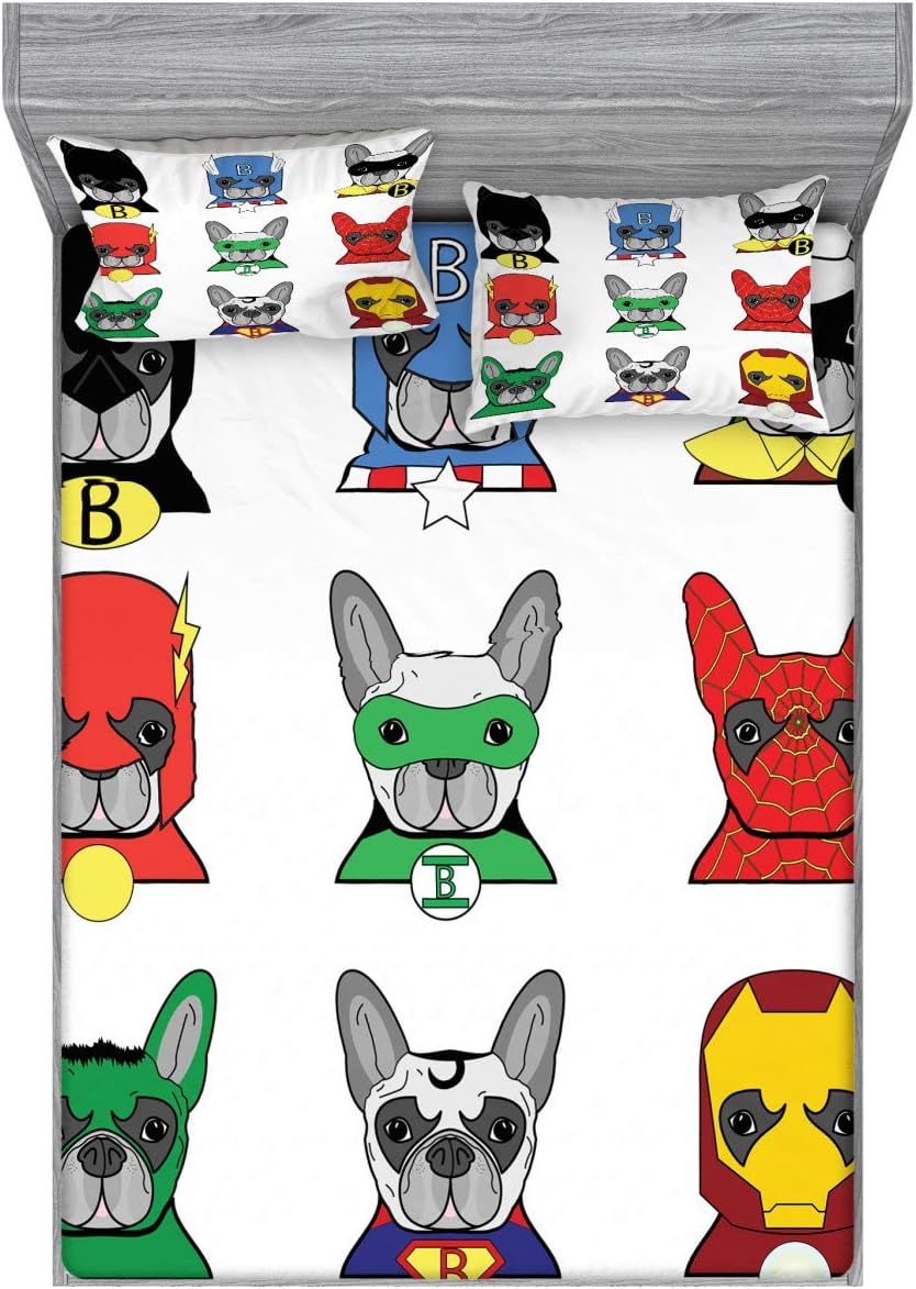Ambesonne Superhero Fitted Sheet & Pillow Sham Set, Bulldog Superheroes Fun Cartoon Puppies in Disguise Costume Dogs Masks Print, Decorative Printed 3 Piece Bedding Decor Set, Queen, Green White