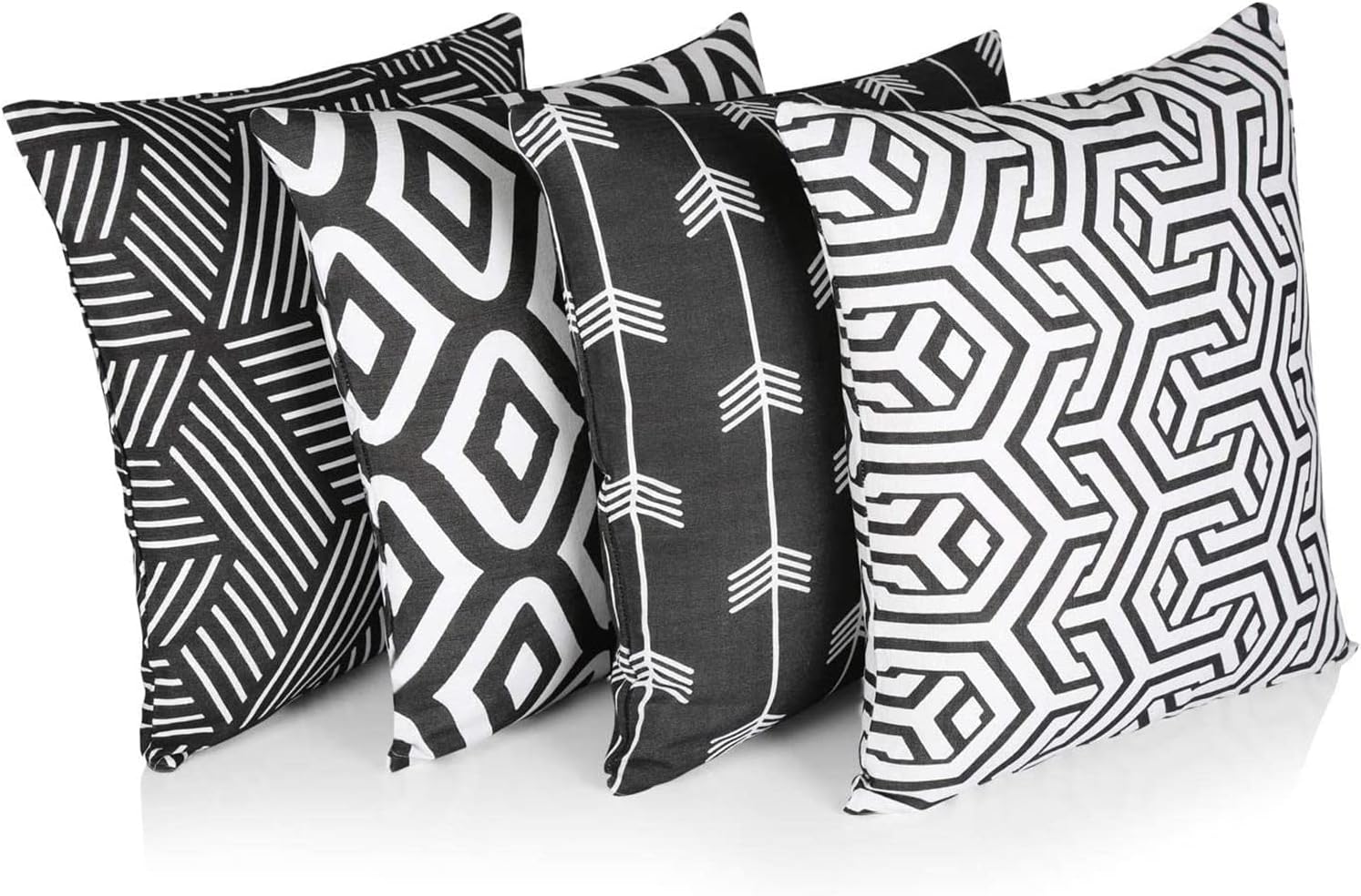 Penguin Home Set of 4 100% Slub Cotton Fabric Cushion Covers 45cm x 45cm Double Sided Square Pillow Covers with Invisible Zipper Pillow Cases for Living Room, Bedroom, Sofa (Black/White Mix)