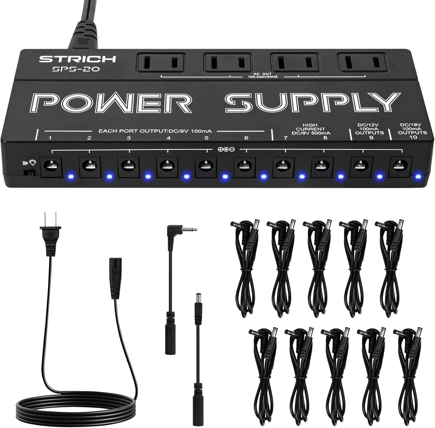 SPS-20 Guitar Power Supply 10 Independent DC Output for 9V/12V/18V (100mA/500mA) Effect Pedal
