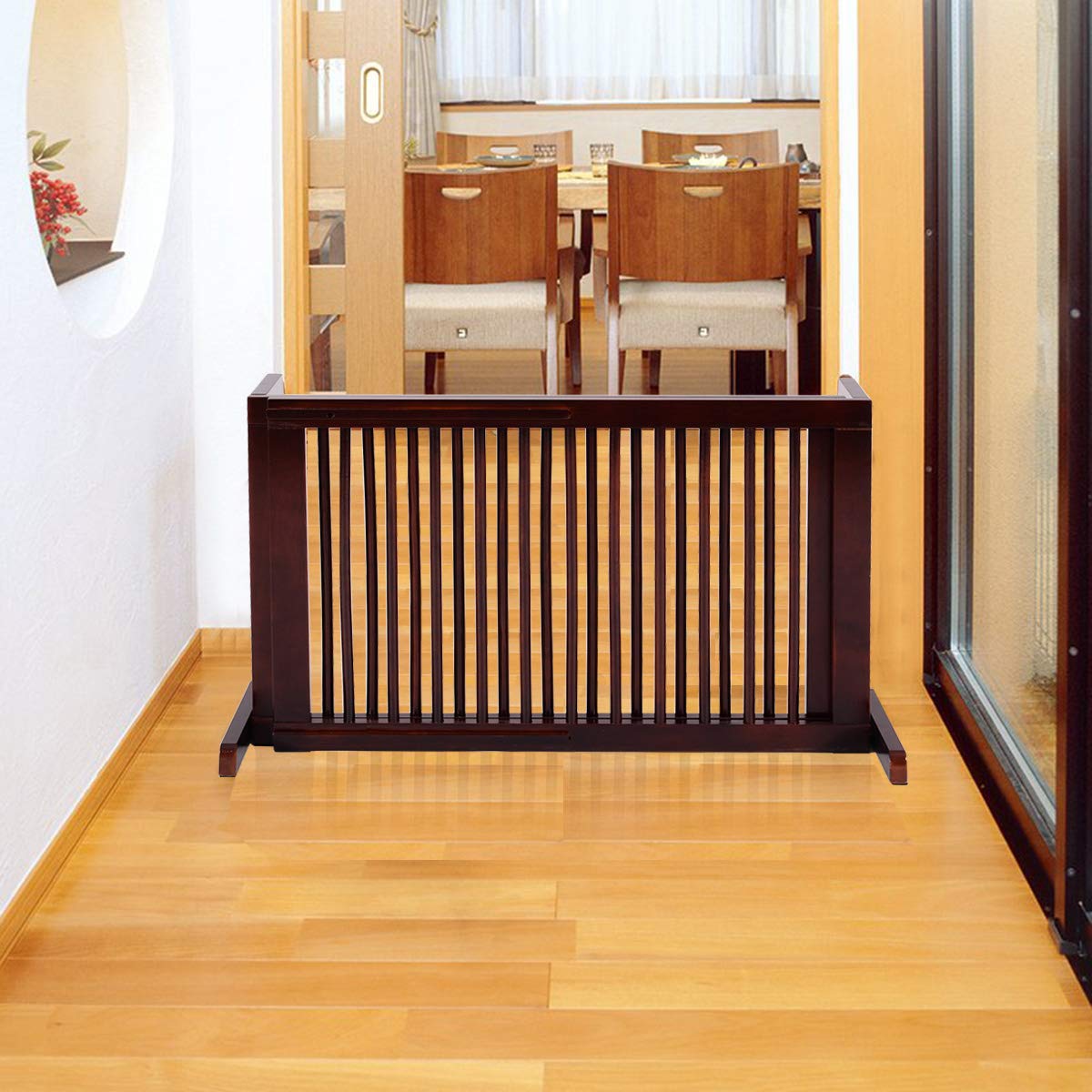 COSTWAY Recinto per Cani da Interno, Cancelletto Regolabile in Legno con Base Larga e 3 Ante, Recinzione per Animali Domesti di Piccola/Media Taglia, 140-203 x 9,5 x 56 cm