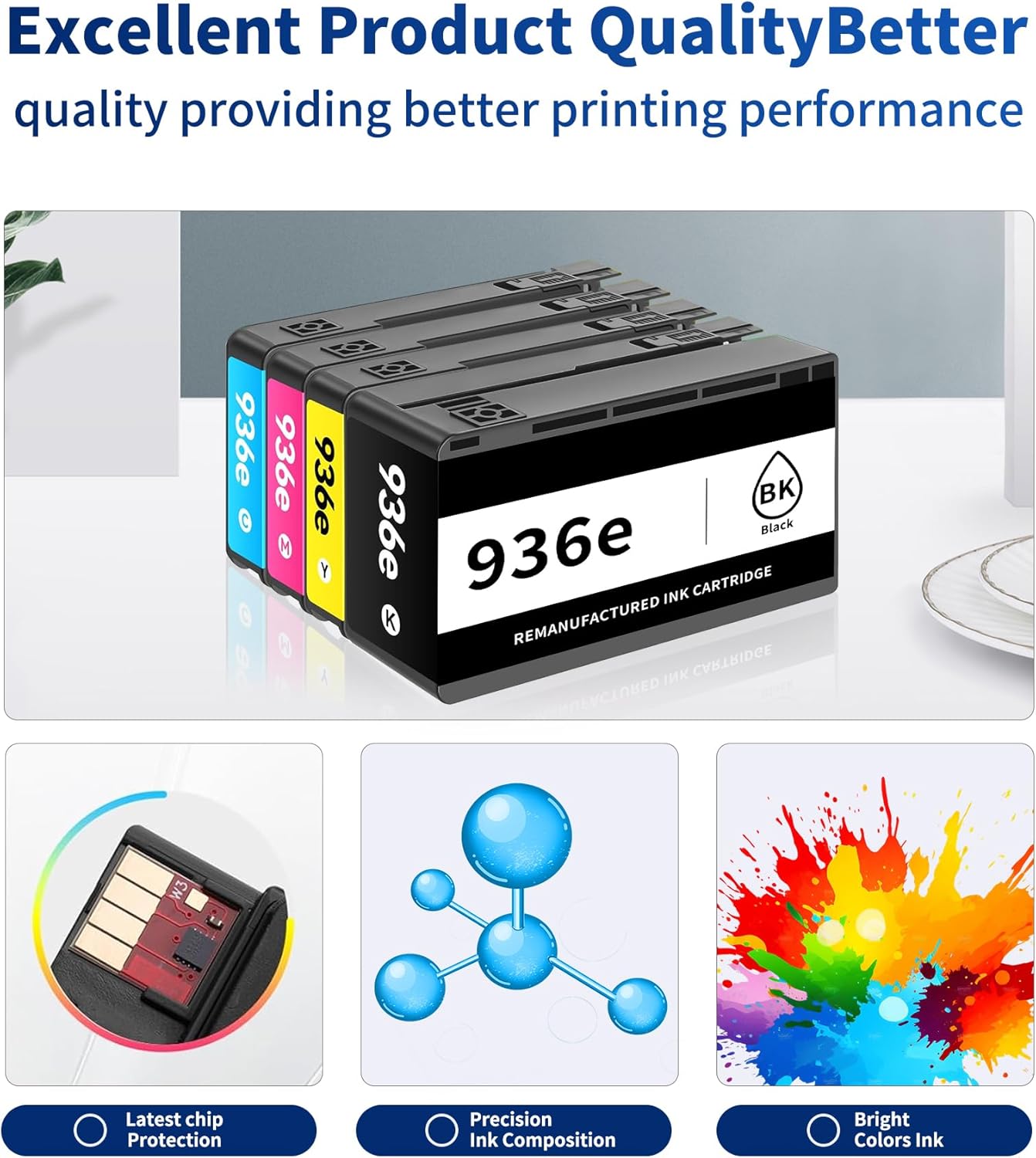 936e High Yield Ink Cartridge Replacement for HP936e HP936 936 e Combo Pack Compatible with HP OfficeJet 9120 9122e OfficeJet Pro 9110b 9125e 9128e 9130b (Black Cyan Magenta Yellow 4 Pack)