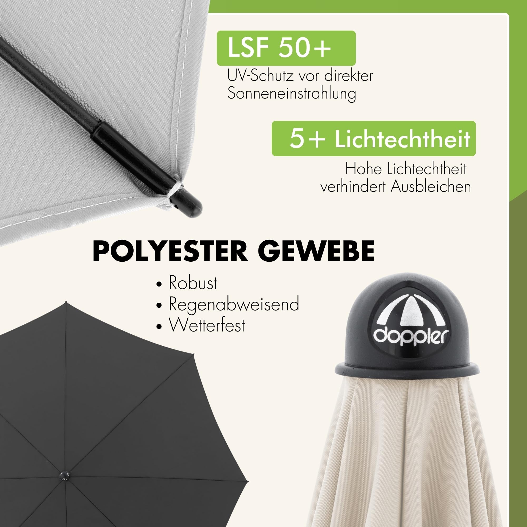 Doppler Sonnenschirm für den Garten Rethink 200cm in Natur - Runder Sonnenschirm für Balkon & Terrasse - Nachhaltiger Schirm aus 100% recyceltem Polyestergewebe - Balkonsonnenschirm mit Hülle