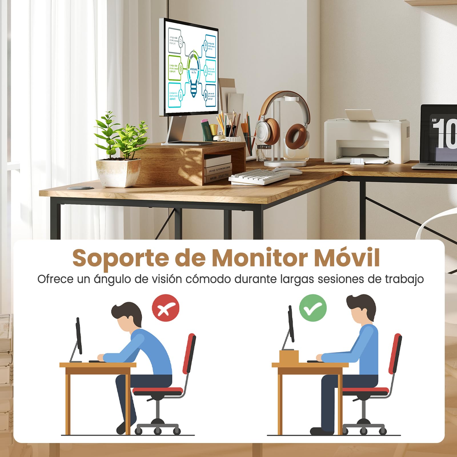 COSTWAY Escritorio de Ordenador en Forma de L, 3 Orificios para Cables, Estante Extra, 2 Formas, Mesa de Trabajo de 2 Personas，Mesa Escritorio Esquina Gaming, 240x60x74,5cm (Natural)
