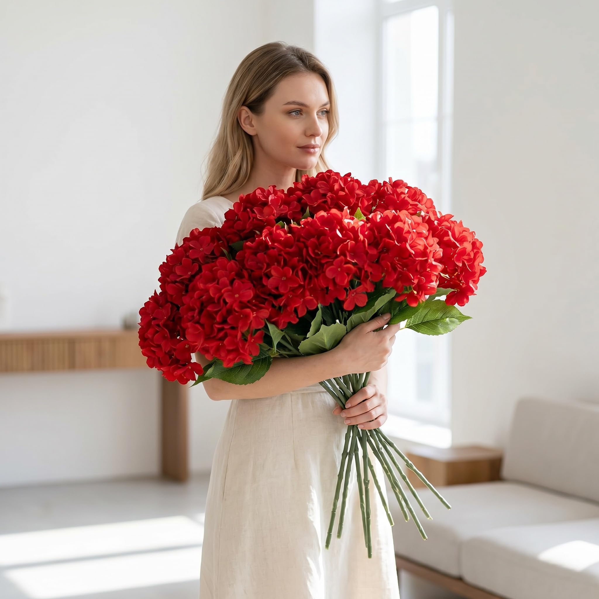 20 Fiori Artificiali di Ortensia Rossa da 22 Pollici per Decorazioni Domestiche, Centrotavola per Matrimoni, Feste di Compleanno - Composizioni Floreali Artificiali con Steli Blue