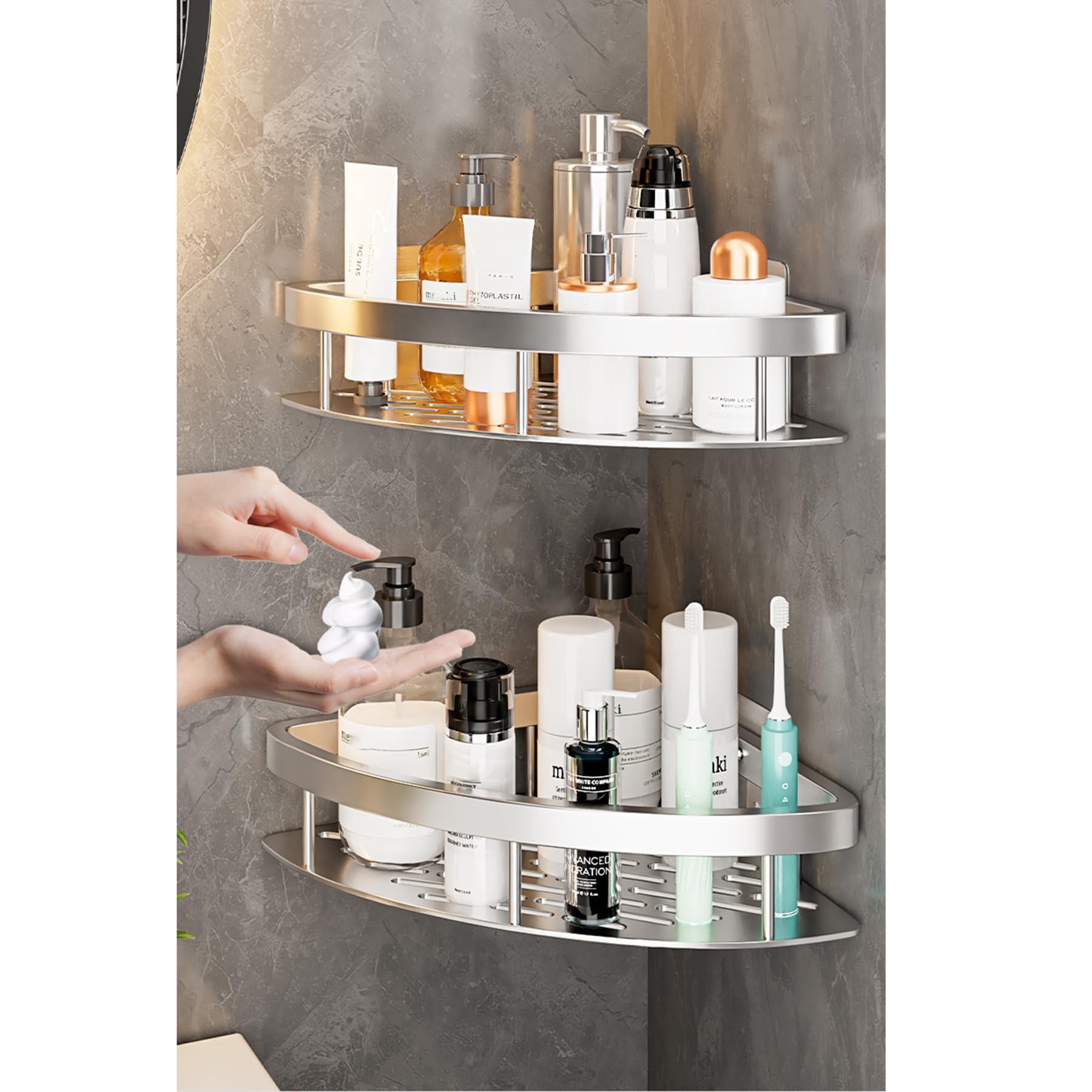 Mensole Doccia 2 Pezzi, mensole angolari Doccia da Montare a Parete Senza forare, Organizer in Alluminio antiruggine Grande capacità, per riporre Oggetti Cucina e Arredamento,Argento,B