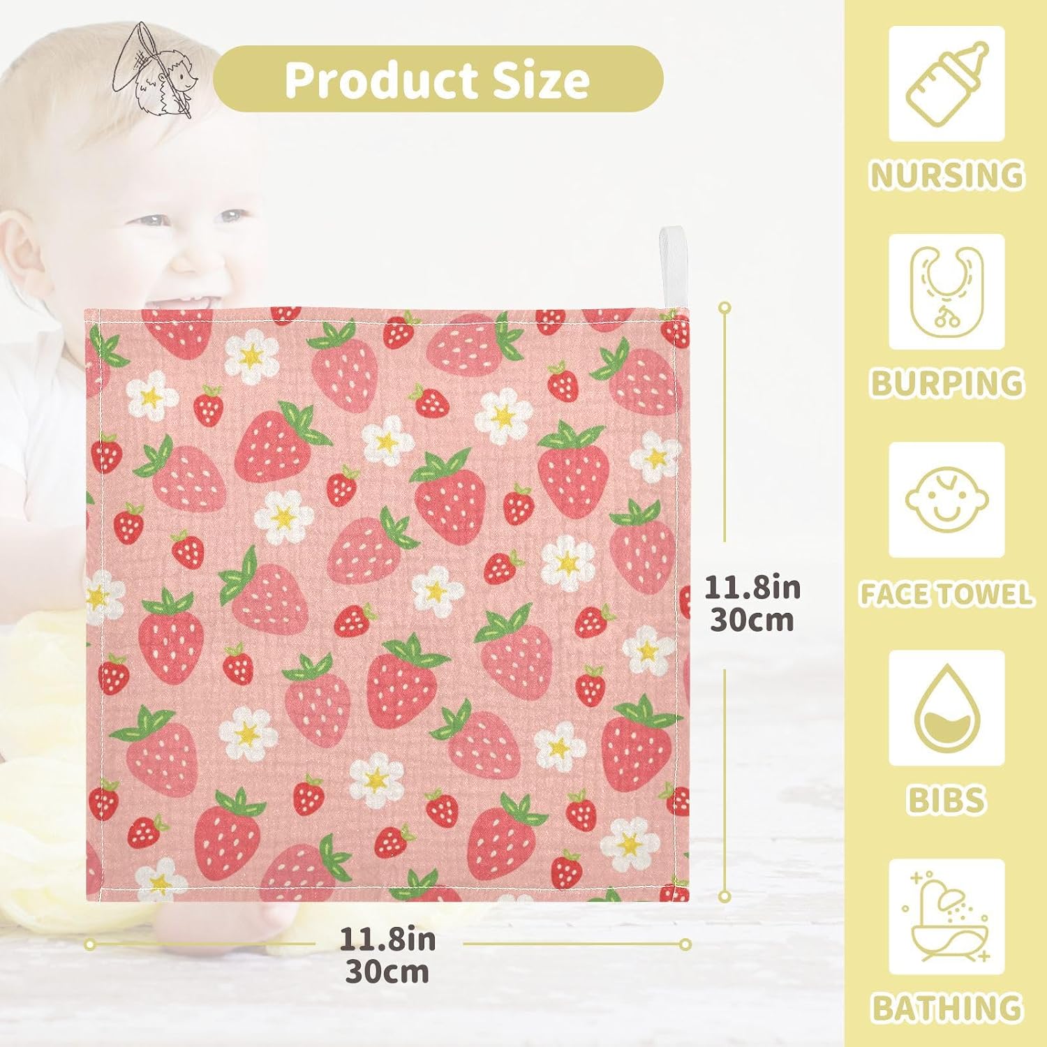 Moudou Strawberry Baby Muslin Washcloths 3 Pack, Absorbent Soft Cotton Baby Bath Face Towels Burp Cloths for Newborn Boys Girls, 12 x 12 Inch