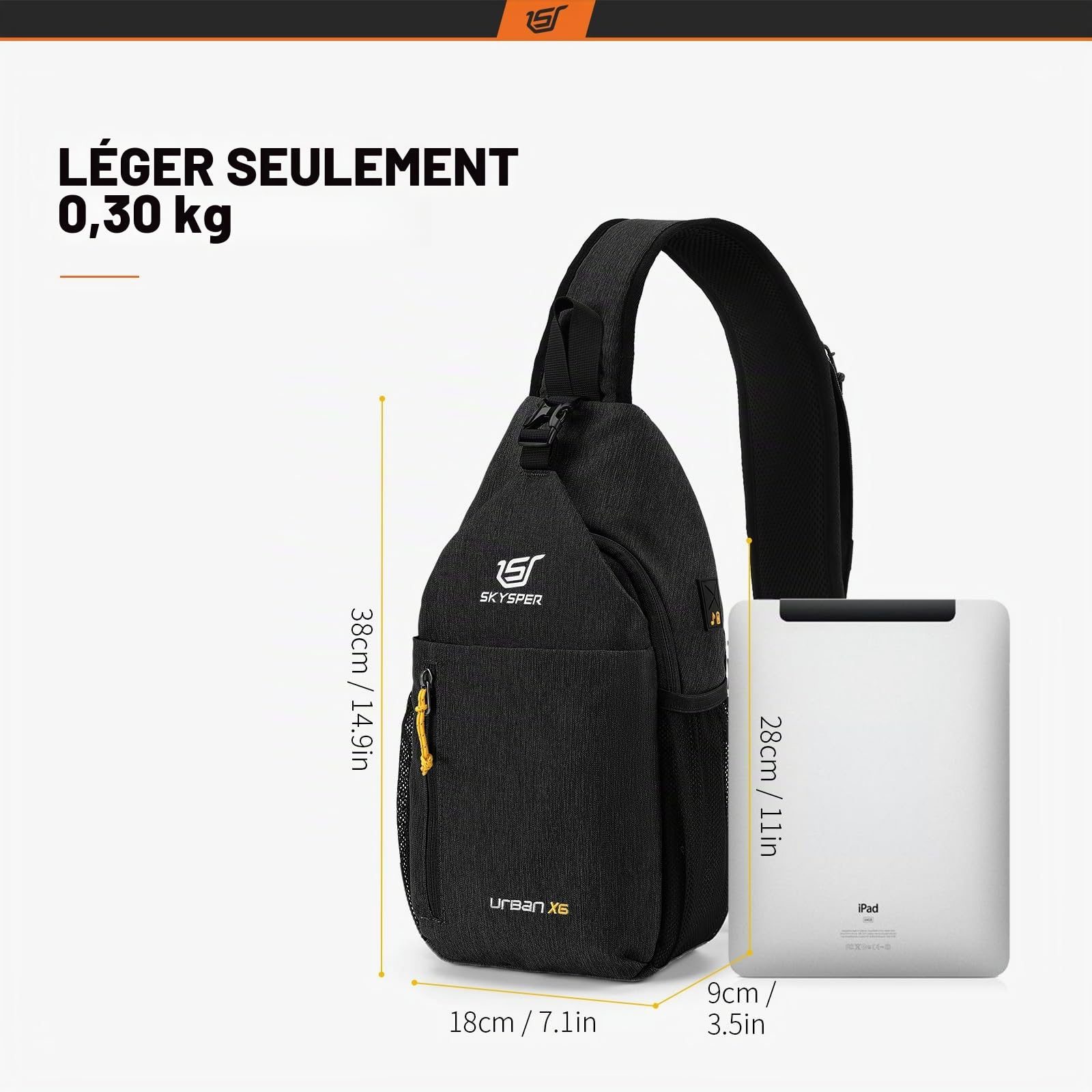 SKYSPER Sacoche Homme Bandouliere, Sacs à dos Porté Travers Sac à Poitrine avec Port pour Écouteurs, Sac à Dos de Voyage pour Homme & Femme