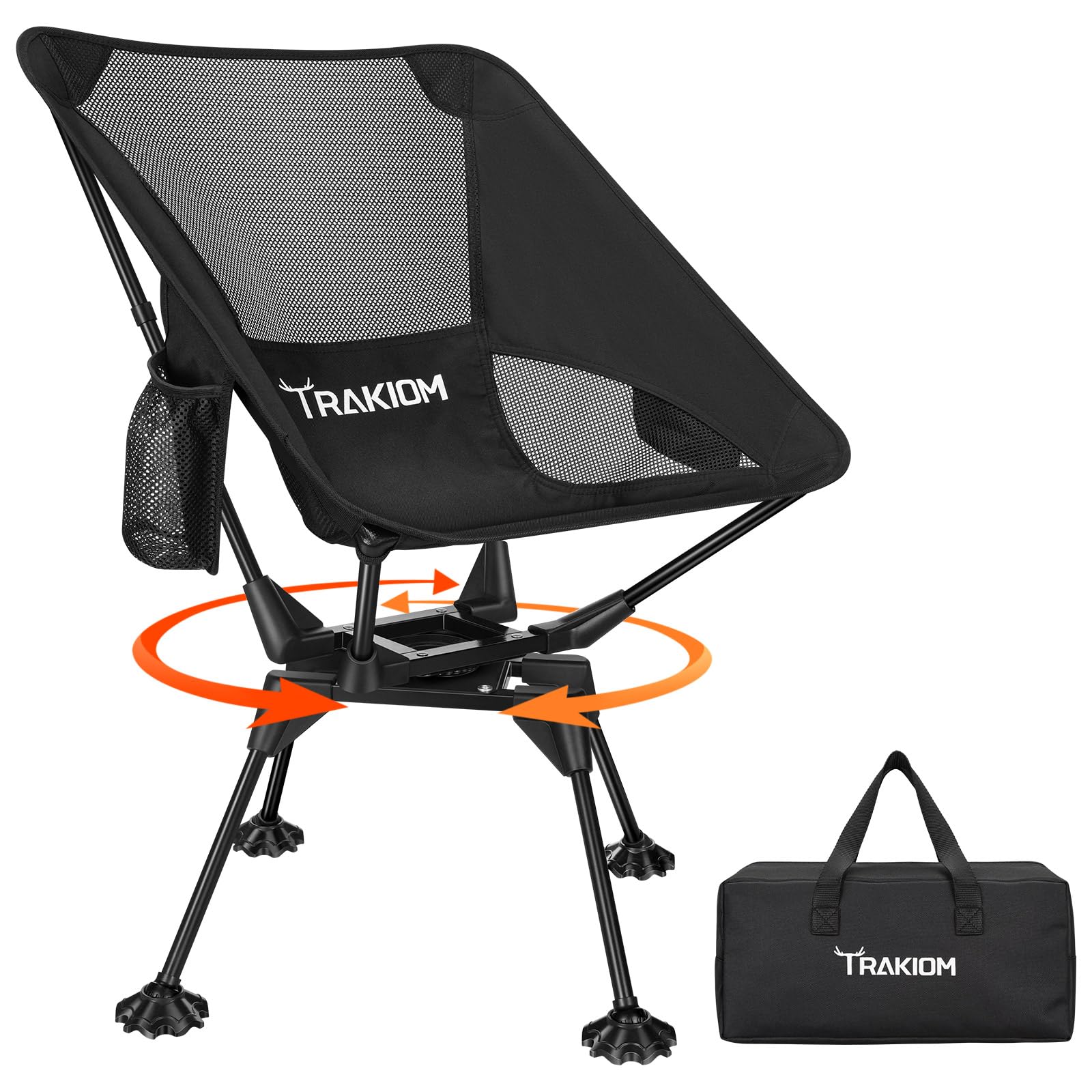 Trakiom 360° Swivel Folding Camping Chairs, Compact and Portable Chair for Outdoor Camp, Foldable Chairs with Anti-Sinking Large Feet for Travel, Beach, Picnic, Sports, Fishing Support 300 LBS(Black)
