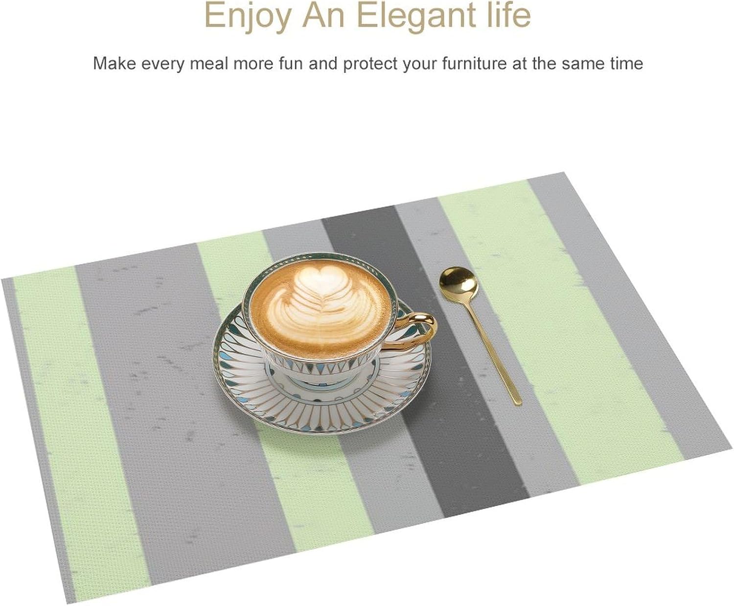 Stripes Charcoal and Light Grey Mint Green Placemat, Set of 4 Heat Resistant PVC Place Mats for Kitchen Table