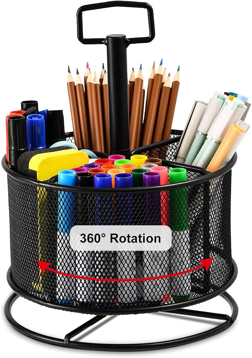 Organizador de escritorio de malla, soporte de bolígrafo multifuncional giratorio de 360 grados, organizador estacionario de escritorio de 4 compartimentos, caja de almacenamiento de suministros de arte para la oficina en casa (negro)