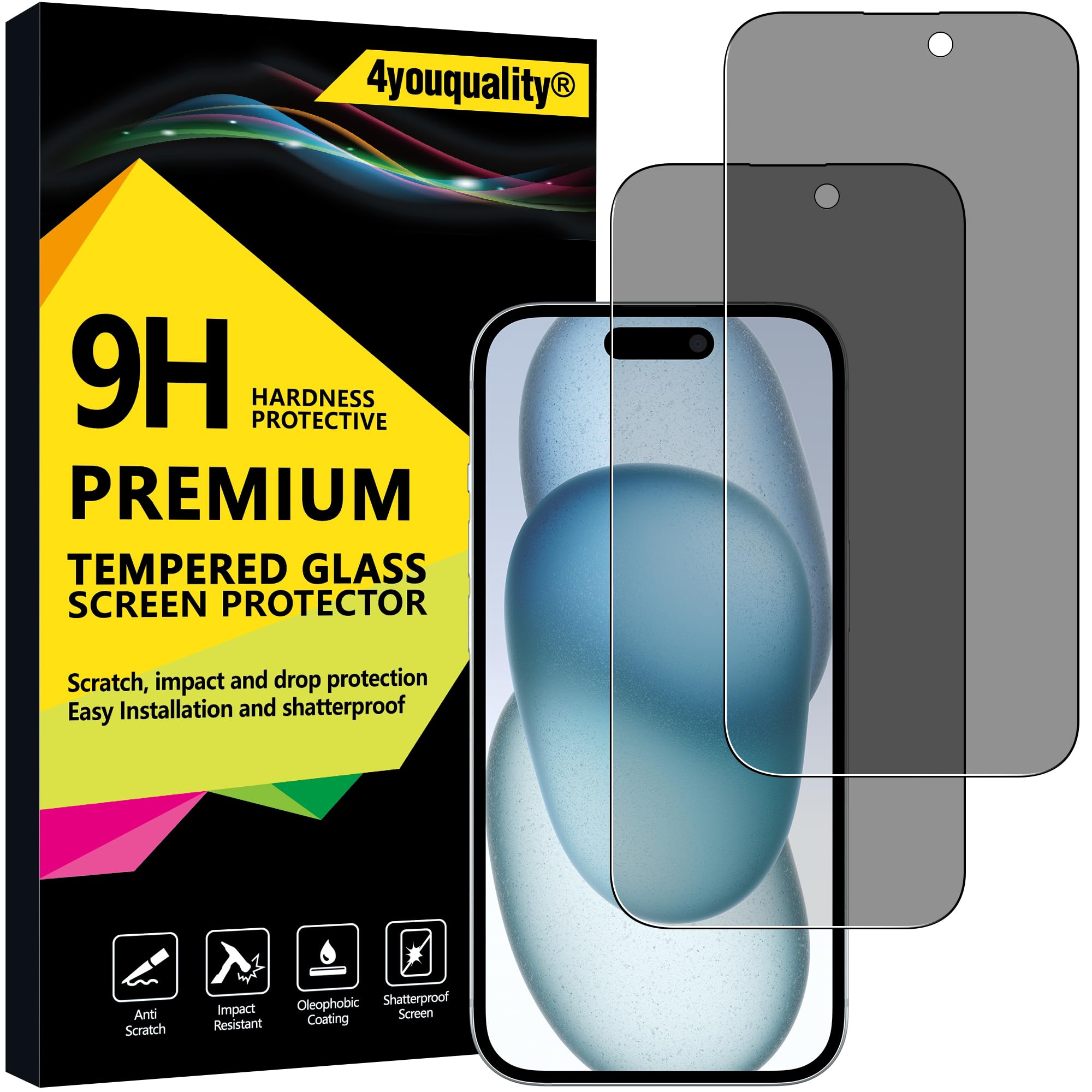 4youquality Privacy Screen Protector for iPhone 15 (6.1-Inch), Anti Spy Tempered Glass Film, 2-Pack, [LifetimeSupport][Anti-Spy][Impact-Resistant][Anti-Scratch]