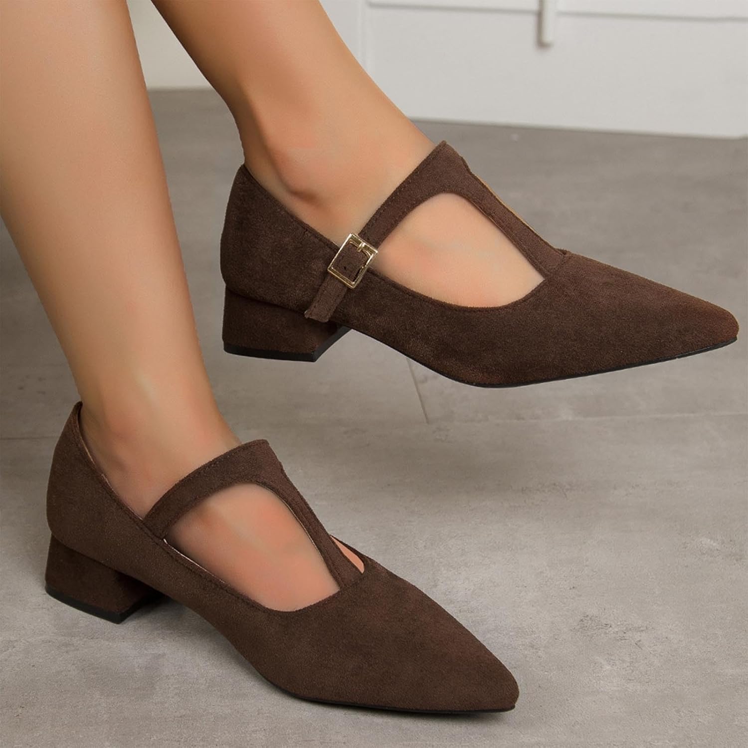 Womens Fashion Mid Heel Shoes with T-Bar and Pointed Toe for Casual Elegance