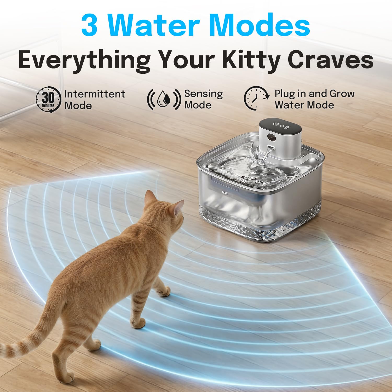 Fontana d'acqua wireless per gatti, 2 l, ricaricabile, con vassoio in acciaio inossidabile, pompa ultra silenziosa, sensore di movimento e anti-bruciatura secca, erogatore automatico di