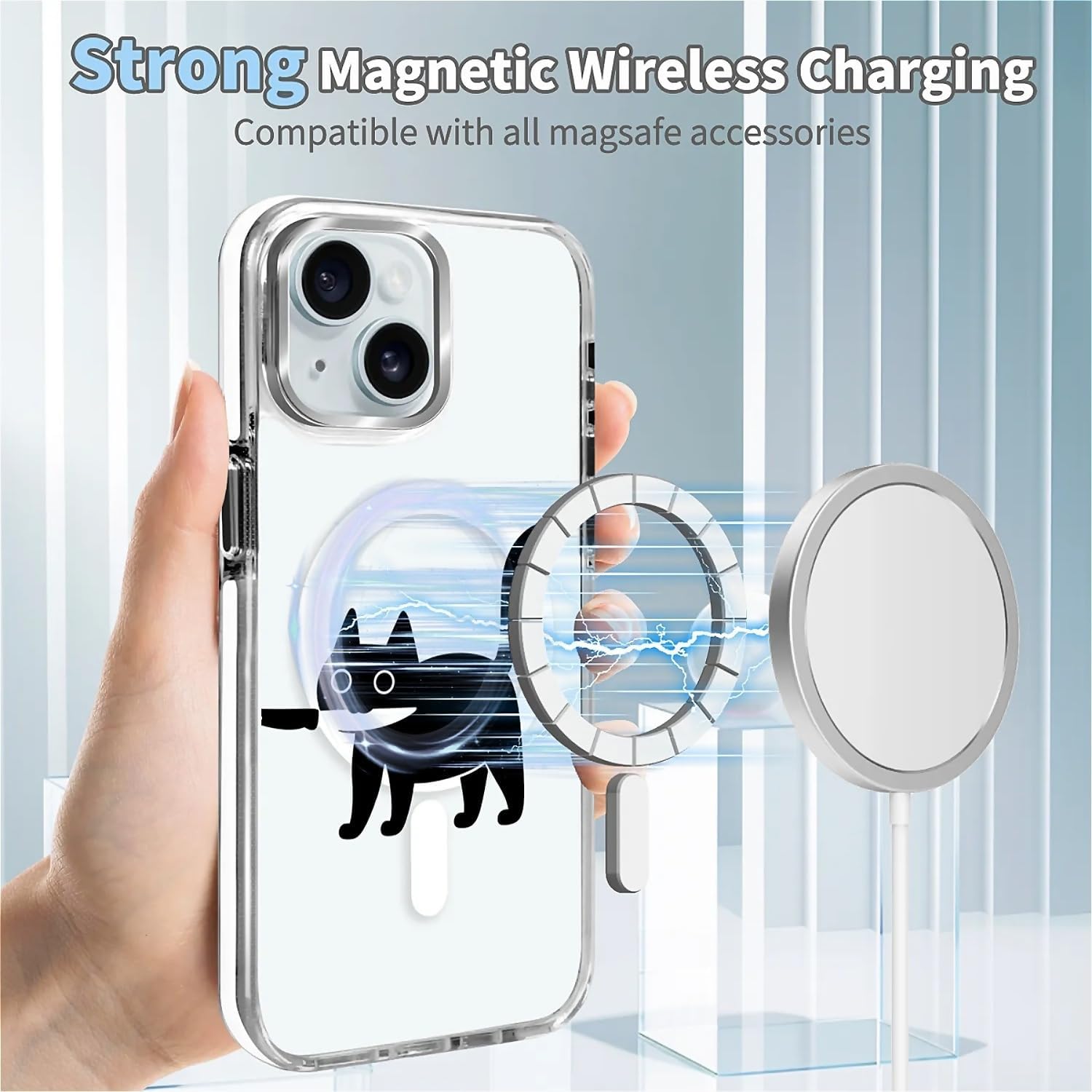 Compatible with iPhone 15 White Case for MagSafe,Clear Classic Hybrid Magnetic Scratch Resistant Back Drop Protection Black Cat with The Knife Exploded Case image 5